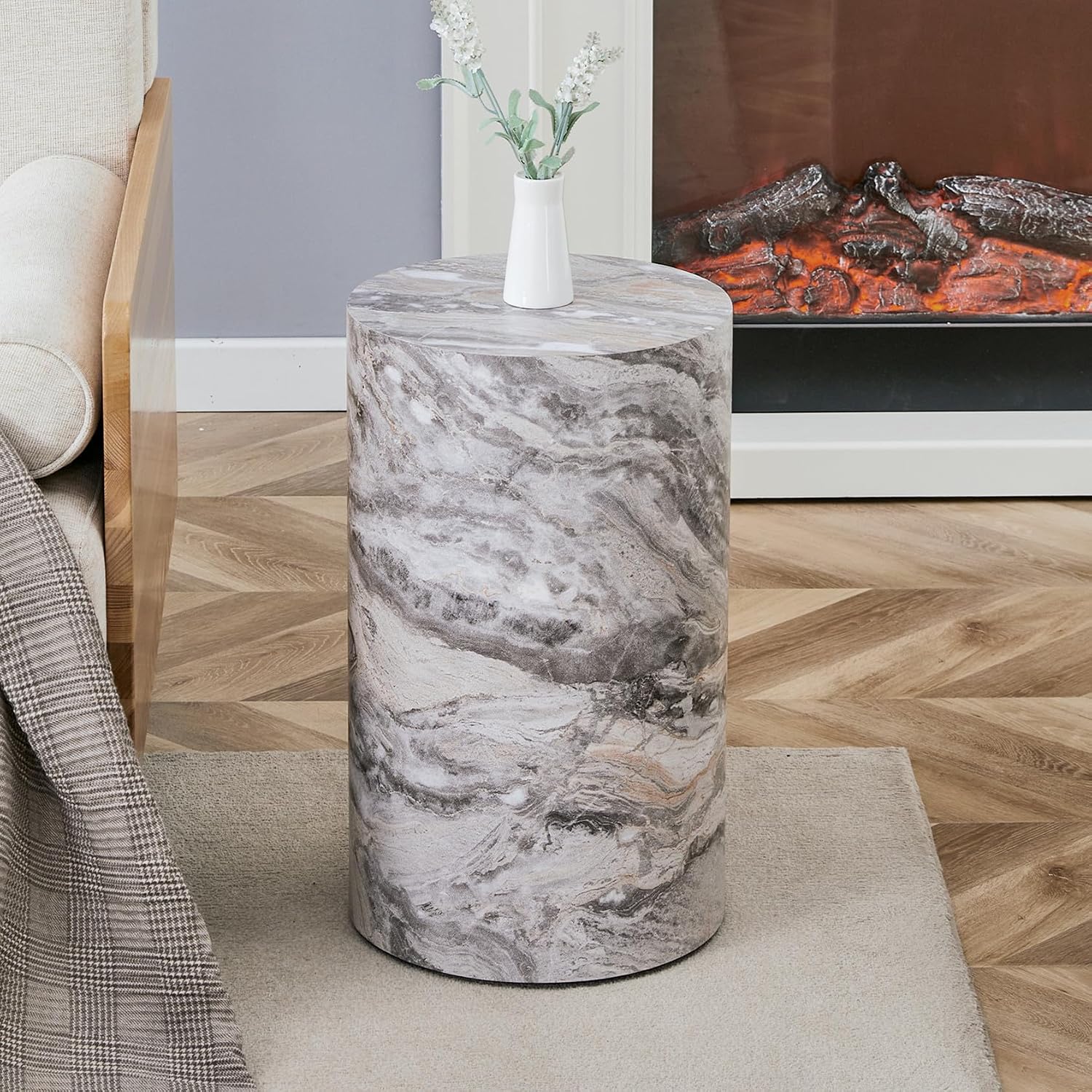 Grey Marble Small Coffee Table Modern Drum-Shape Bedside Table Nightstand for Bedroom Living Room Round Faux Marble Side End Table Beside Sofa Couch -Fully Assembled(12 x 12 x 19.7 H)