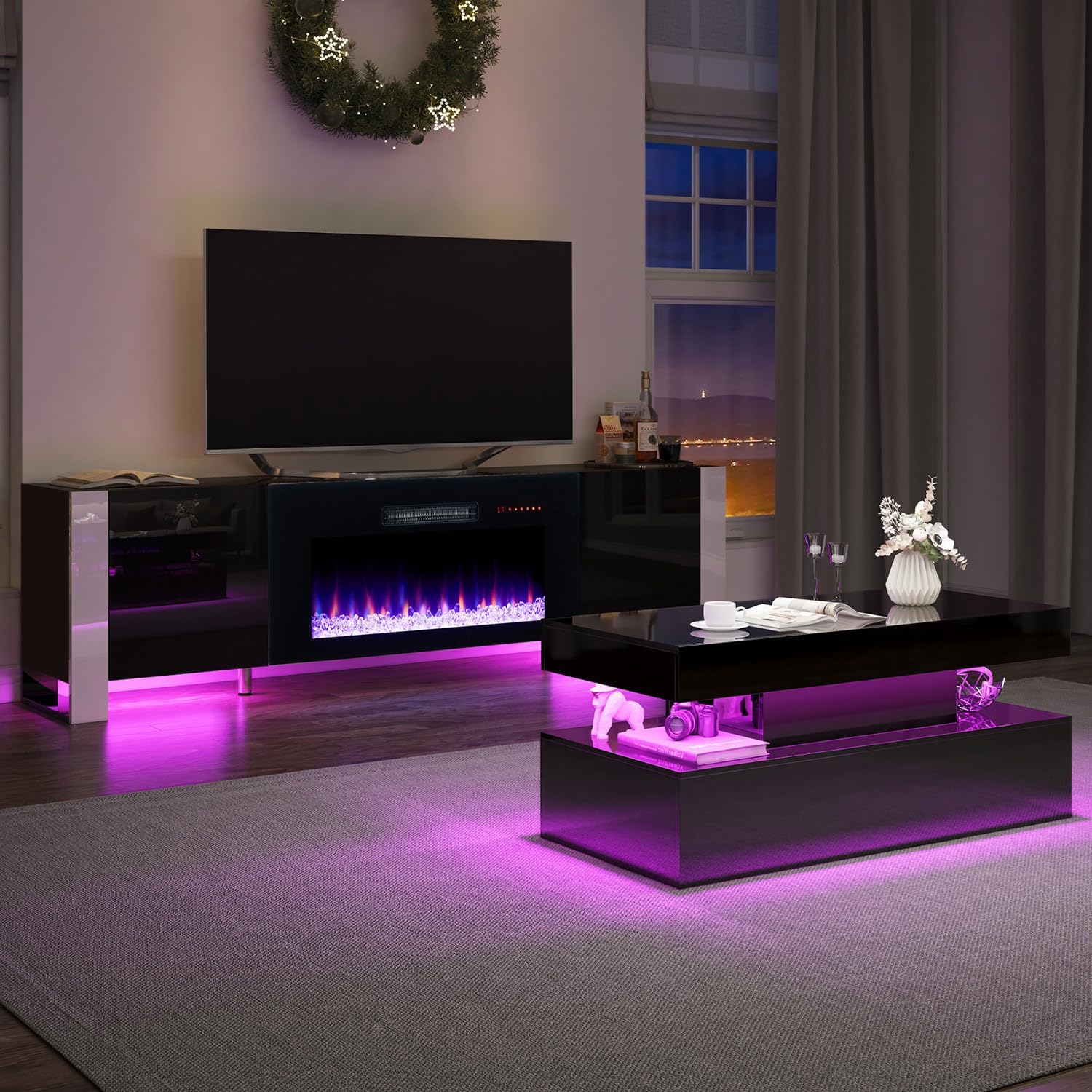 VanAcc 3-Piece Modern Living Room Table Sets, 70' Modern LED TV Stand with 36' Electric Fireplace, High Gloss Coffee Tables for Living Room, Black
