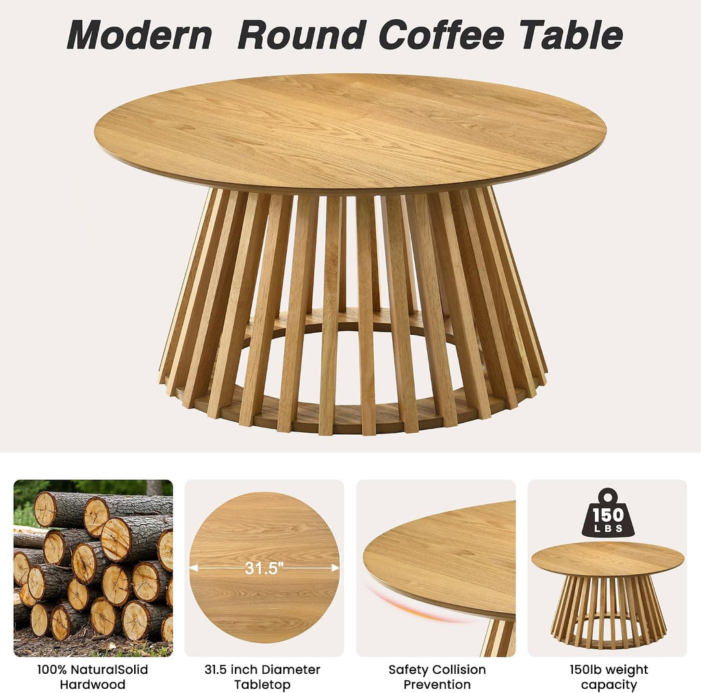 HNY Modern Round Coffee Table for Living Room, Mid Century Wood 31.5' Circle Small Center Table with Wooden Fluted Base for Home Small Space, Bedroom, Apartment, Studio, Natural