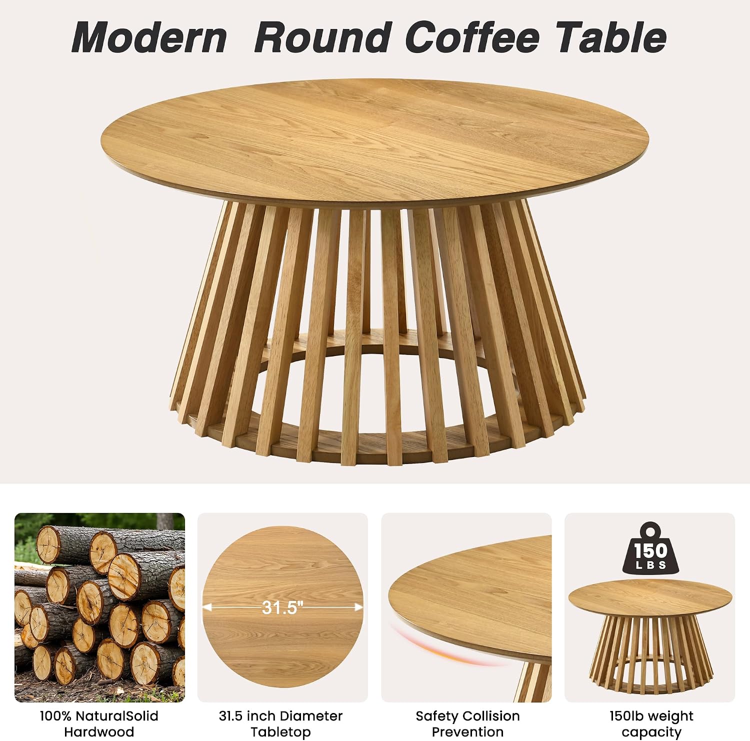 HNY Modern Round Coffee Table for Living Room, Mid Century Wood 31.5' Circle Small Center Table with Wooden Fluted Base for Home Small Space, Bedroom, Apartment, Studio, Natural