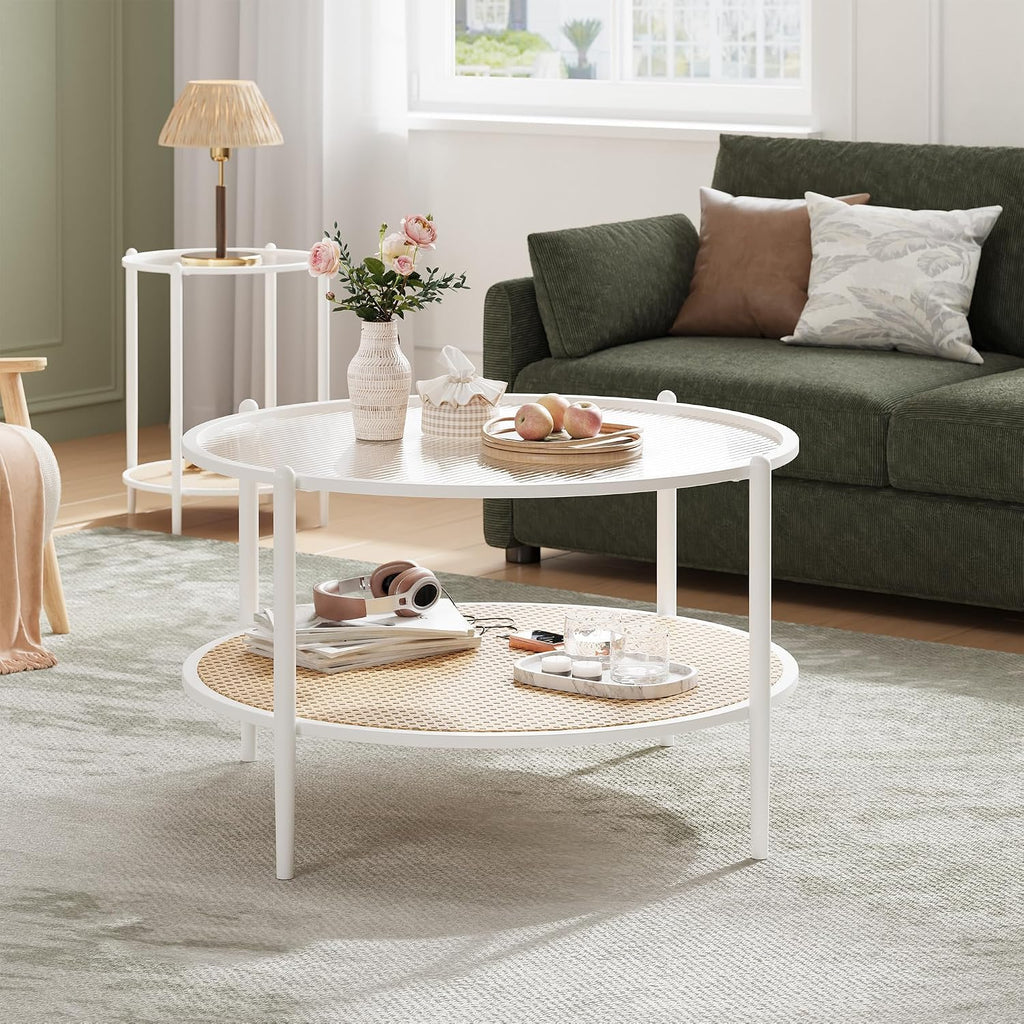 30' Round Rattan Coffee Table, 2-Tier White Gold Glass Storage Center Table for Living Room, Modern Circle Small Round Coffee Table with Tempered Water-Wave Glass Top & Metal Frame for Bedroom, Office