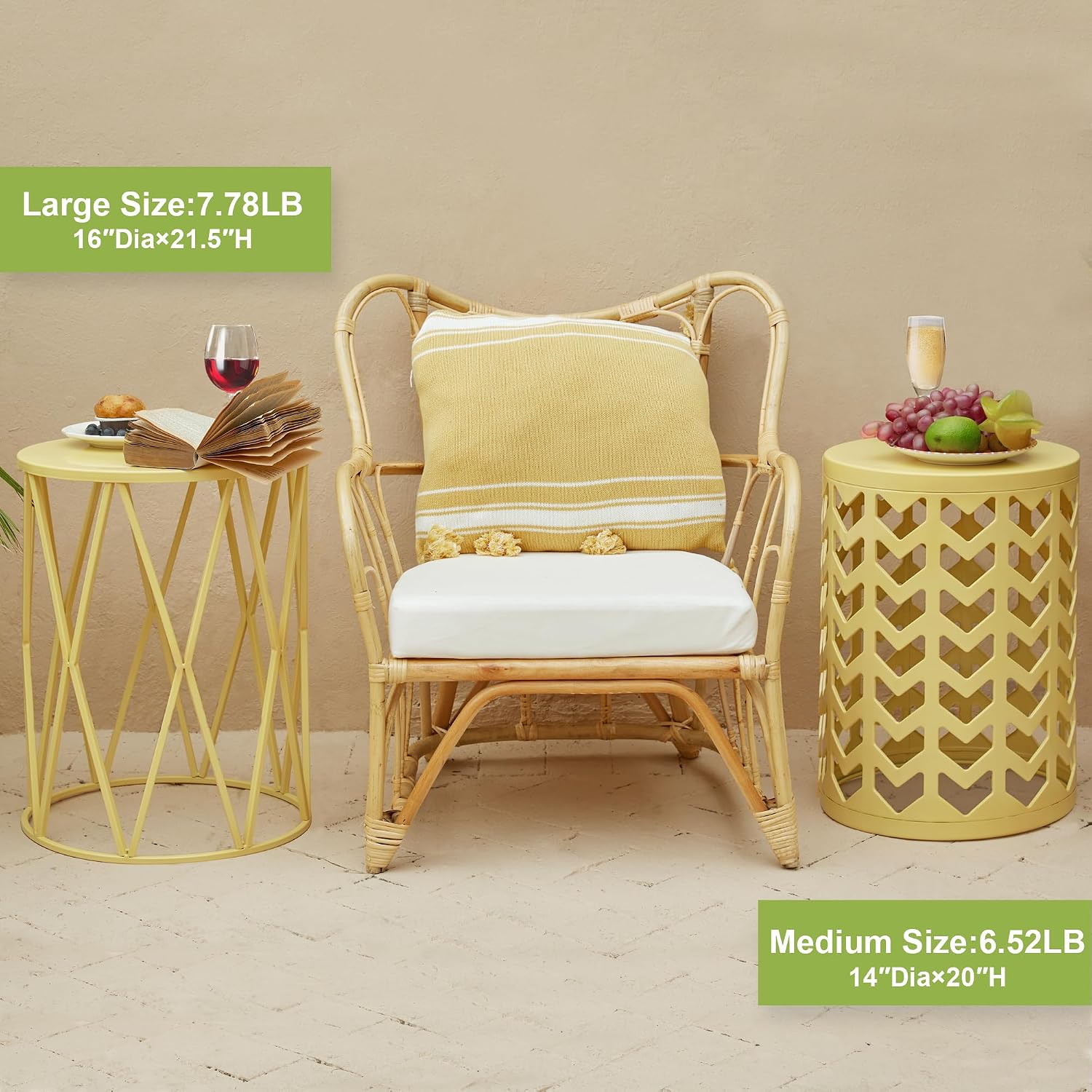 Nesting Side Table Set of 3 Decorative Round Garden Stools for Indoor Outdoor Heavy Duty Metal Frame Side Table Nightstands Modern End Table Plant Stand, Yellow
