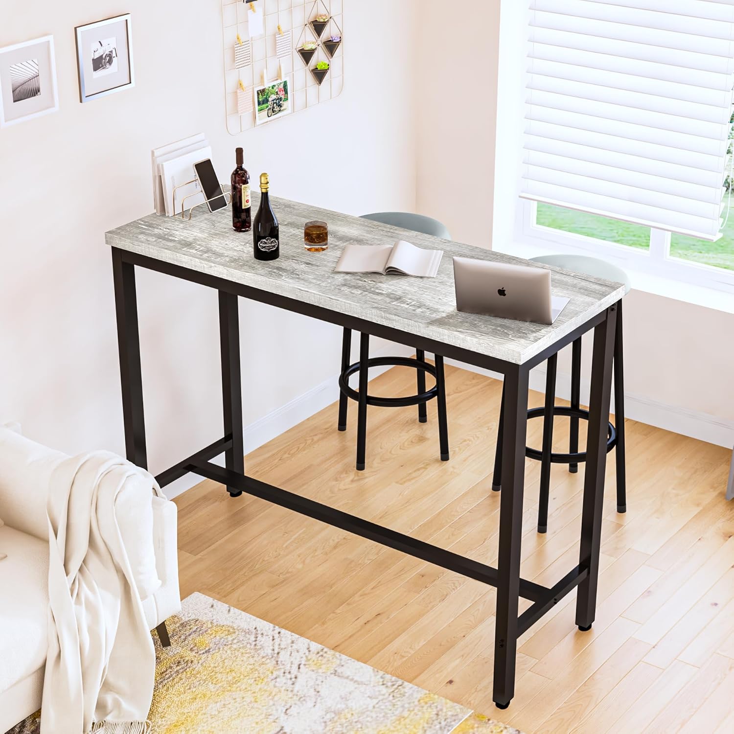 AWQM 39.3' Bar Table Set of 2,Faux Marble Pub Height Table and Chairs Set of 2 with Upholstered Stools,3 Piece Bar Table and Chairs Set Dining Table Set for Living Room,Kitchen,Bar,Grey