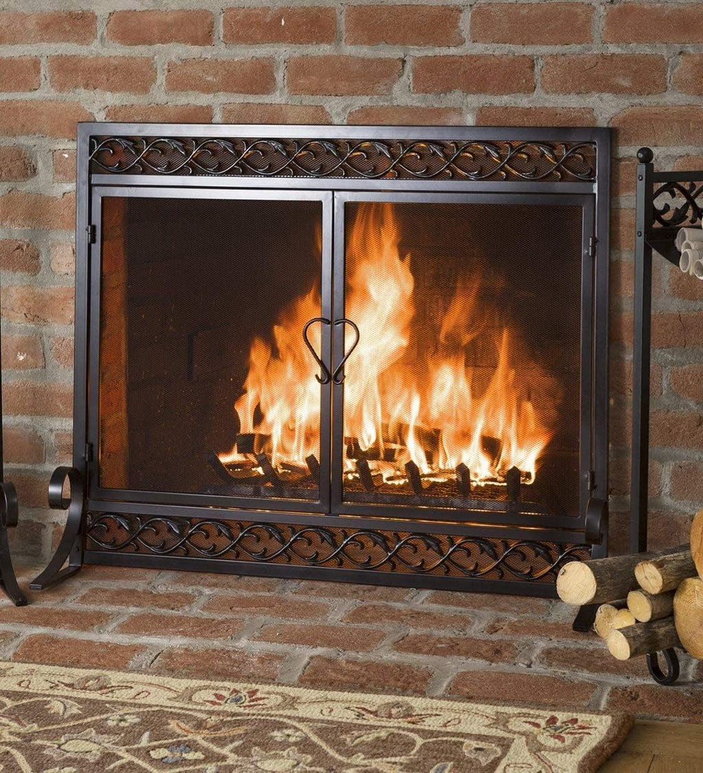 Plow & Hearth Metal Fireplace Screen Scrollwork Black | 38' W x 31' H | Dual Magnetic Hinged Doors | Spark Guard Cover | Stand Alone Wrought Iron Panel Fire Place Cover