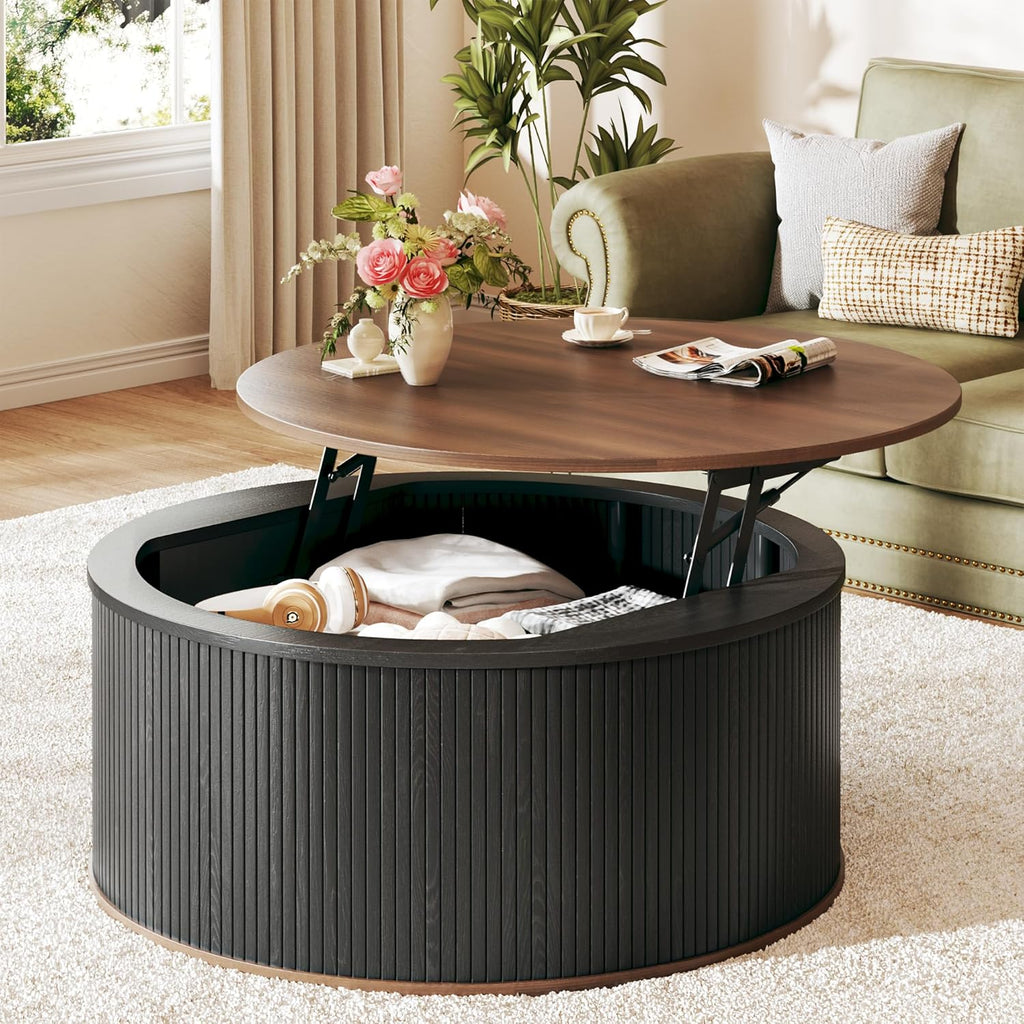 HUAHUU Round Coffee Table with Storage, 31.5' Lift Top Coffee Table, Mid Century Modern Coffee Tables for Living Room, Apartment Office, Fluted Table with Rustic Wood Desktop