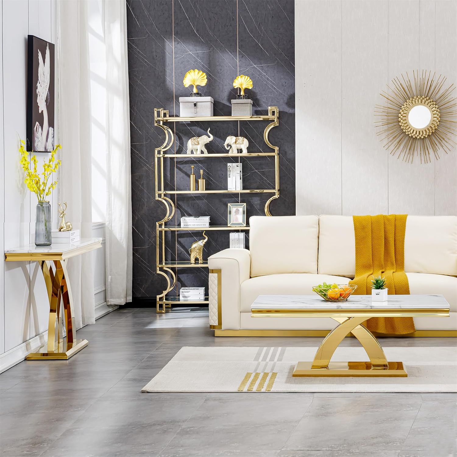 2-Piece Living Room Table Set, Faux Marble Coffee Table Set of 2 with X-Shape Stainless Steel Base, White and Gold Coffee and Console Table Set, Modern Home Living Furniture