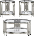 3 Piece Living Room Set, 1 Glass Coffee Table and 2 End Tables with 2 Tier Storage, Tempered Glass Top and Stainless Steel Frame, for Apartment, Living Room, Silver/Clear