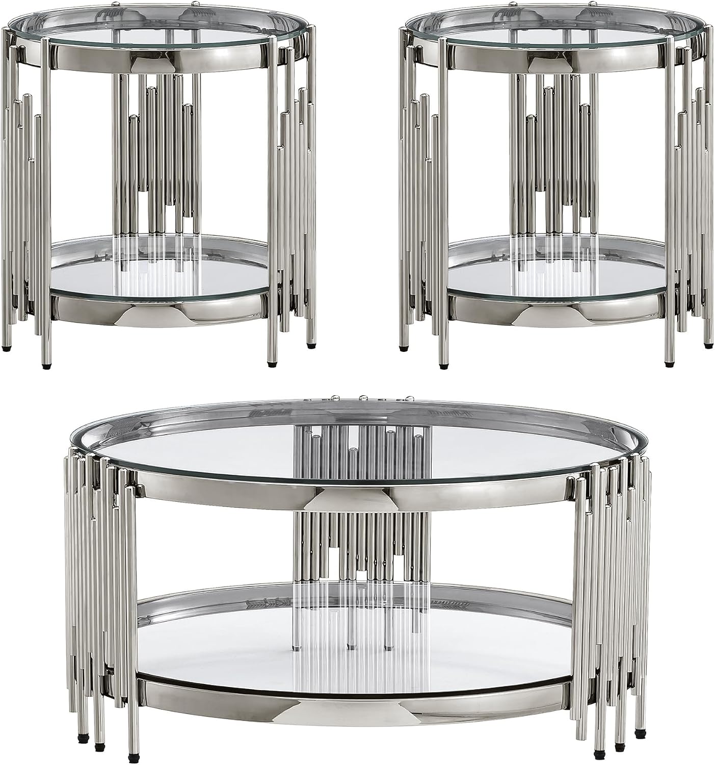 3 Piece Living Room Set, 1 Glass Coffee Table and 2 End Tables with 2 Tier Storage, Tempered Glass Top and Stainless Steel Frame, for Apartment, Living Room, Silver/Clear