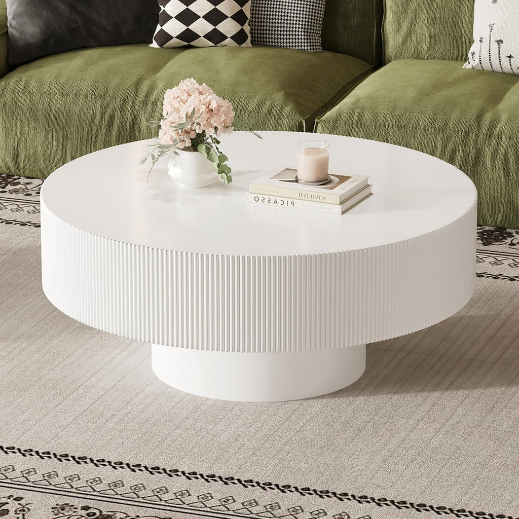 SOFTSEA Round Coffee Table for Living Room, Modern Drum Center Table, Fluted Side Table with Sturdy Base for Bedroom, Office, Apartment, 35.4'L x 35.4'W x 16.7'H, White