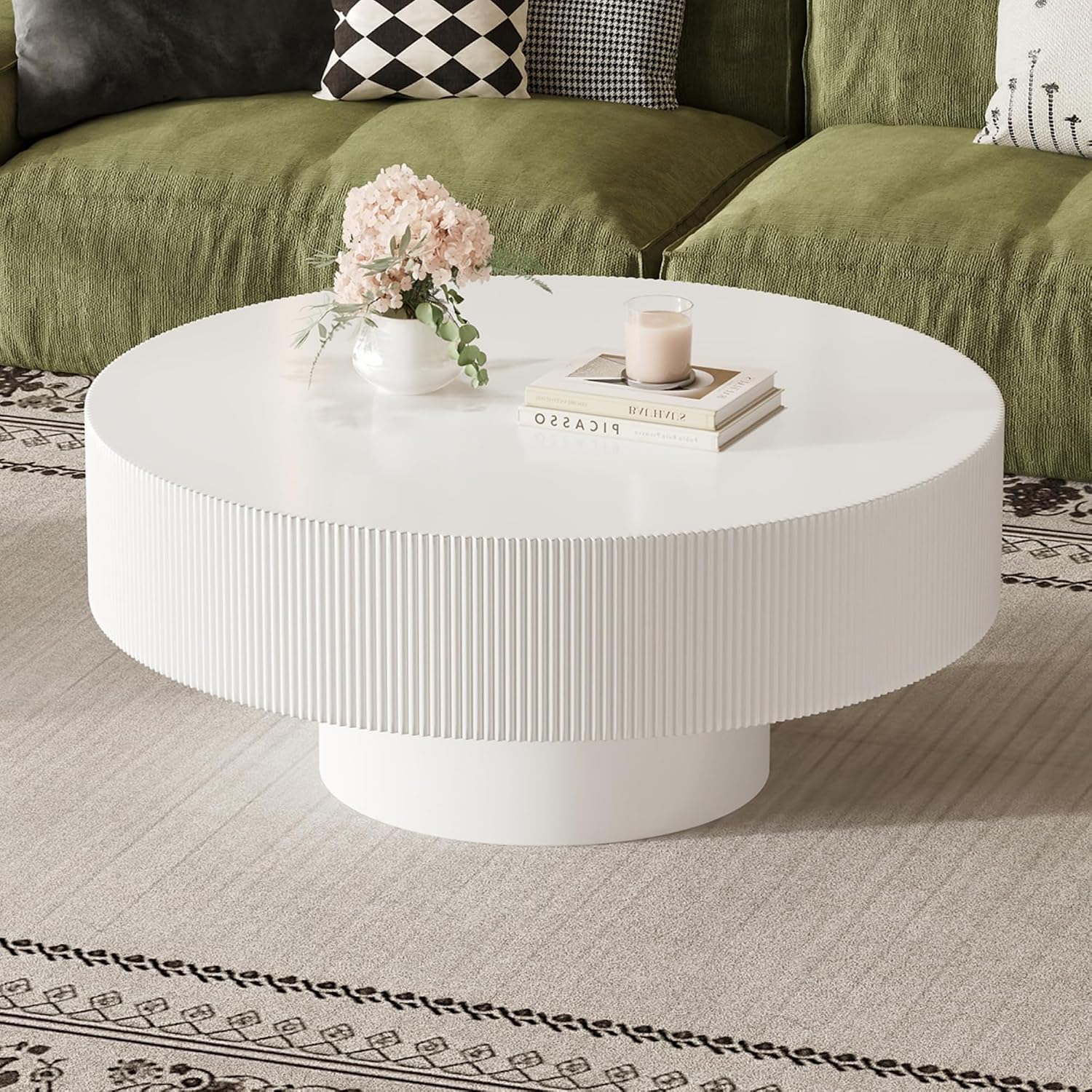 SOFTSEA Round Coffee Table for Living Room, Modern Drum Center Table, Fluted Side Table with Sturdy Base for Bedroom, Office, Apartment, 35.4'L x 35.4'W x 16.7'H, White