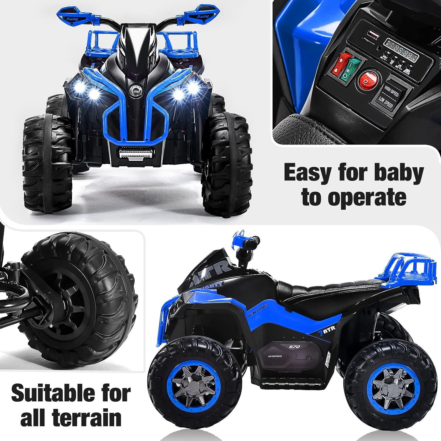 Soar Remote Control Four Wheeler for - Electirc Toddler 4 Wheeler for 3-6, Ride on ATV 12v Battery Powered, Kids Quad with LED Lights, Music, High Low Speed, USB/TF, Treaded Tires, Blue
