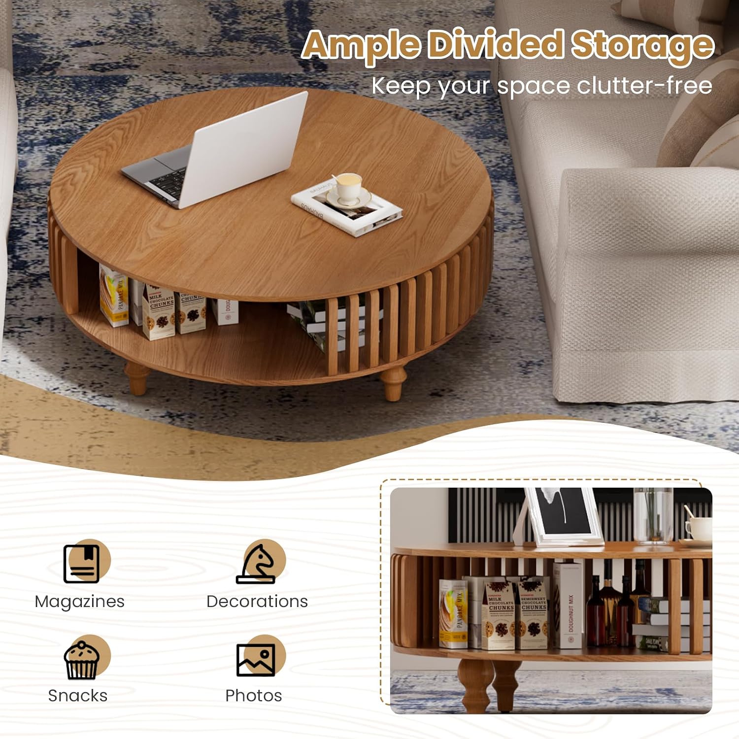 2-Tier Round Coffee Table 39.4' Round Coffee Table with Storage Mid-Century Modern Circle Accent Center Table Farmhouse Low Cocktail Tea Furniture for Living Room Small Spaces (39.4' Round)