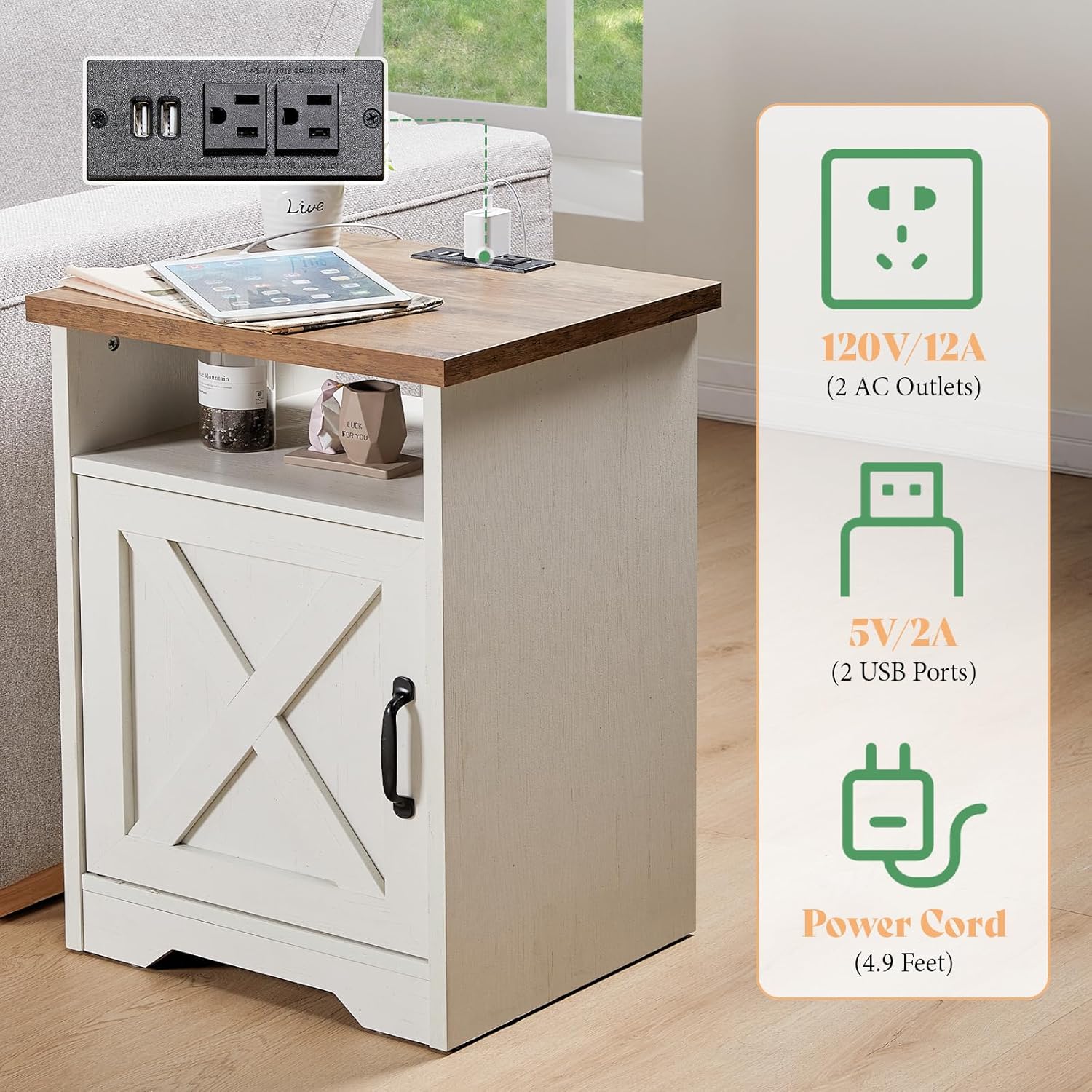 AMERLIFE 5-Piece Farmhouse Table Set Include 63' TV Stand with 26' Fireplace, 40' Coffee Table, 2 End Tables with Charging Station & USB Ports, Living Room Table Sets with Barn Door, Rustic Oak&White