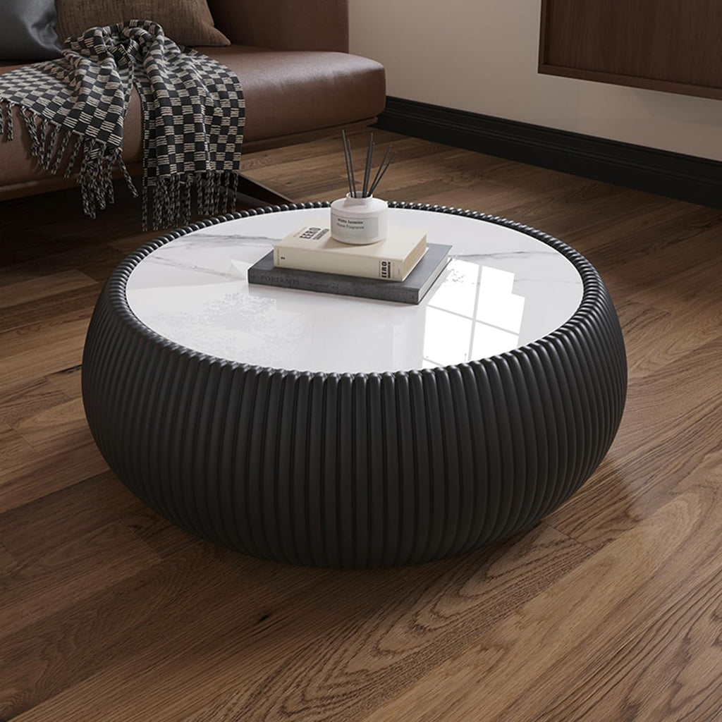 Round Drum Coffee Table Luxury Sintered Stone Top Coffee Table in Black Leatherette, Fully Assembled Drum-Shape Cocktail Center Table for Living Room Bedroom