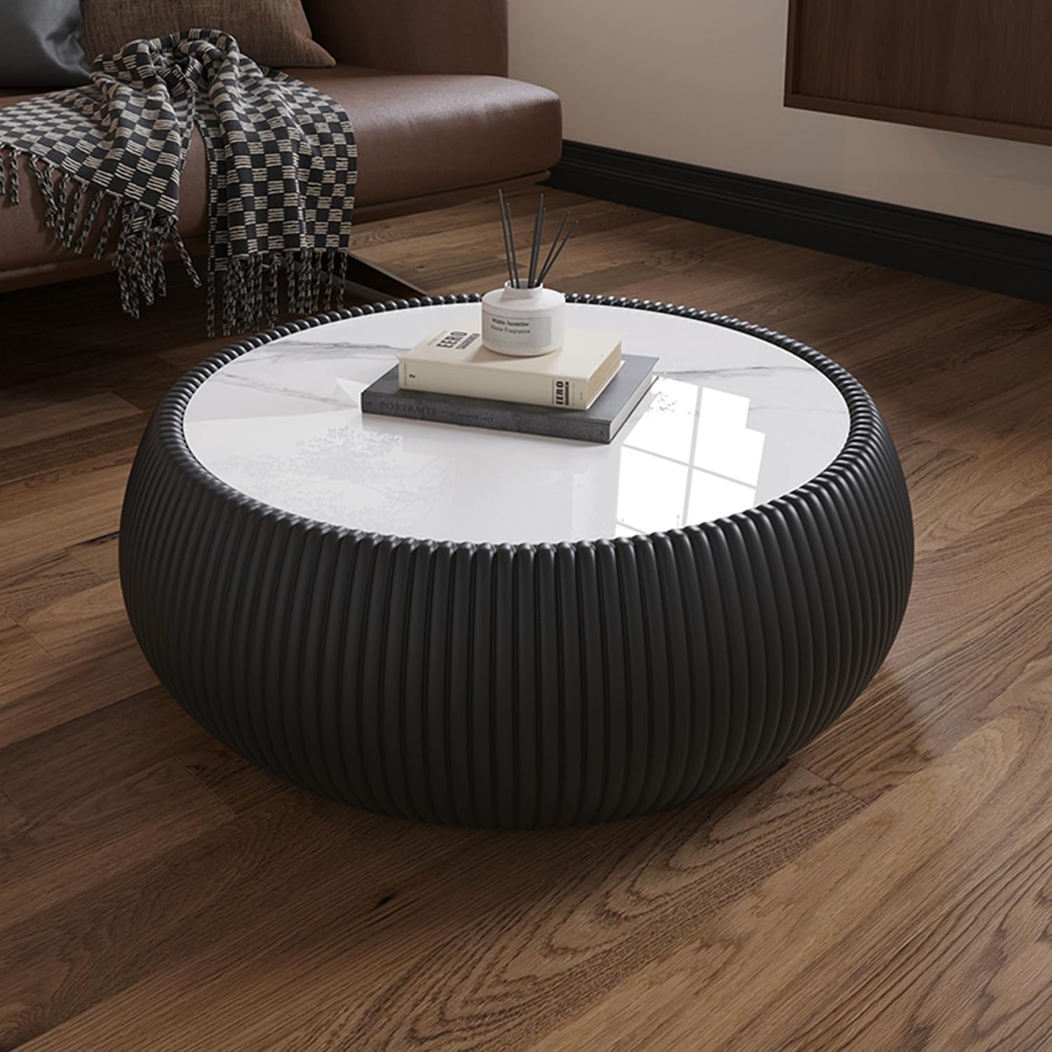 Round Drum Coffee Table Luxury Sintered Stone Top Coffee Table in Black Leatherette, Fully Assembled Drum-Shape Cocktail Center Table for Living Room Bedroom
