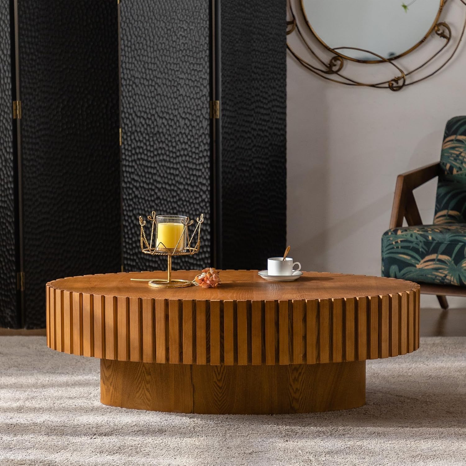 Oval Fluted Coffee Table Drum Coffee Tables for Living Room Modern Pedestal Center Table (Oval Wood 43.3in)