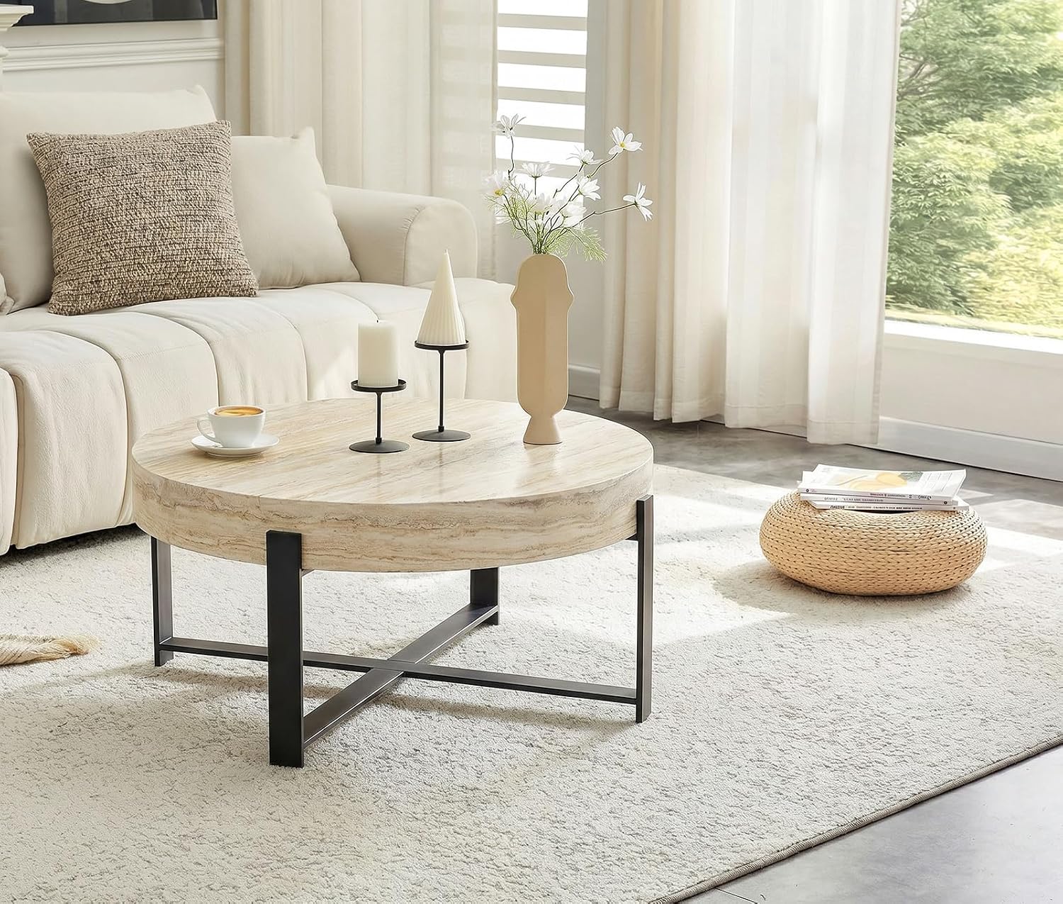 Round Coffee Table, Small Wood Coffee Table with Storage, Modern Wood Circle Table with Metal Frame, Round Accent Center Tables for Living Room Apartment Small Space