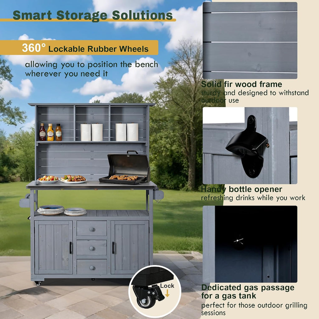 Merax 65''H Large Garden Storage Potting Bench with Lockable Wheels, Wood Outdoor Kitchen Island with Stainless Steel top, Drawers, Door Shelves and Hutch for Grilling, Gray