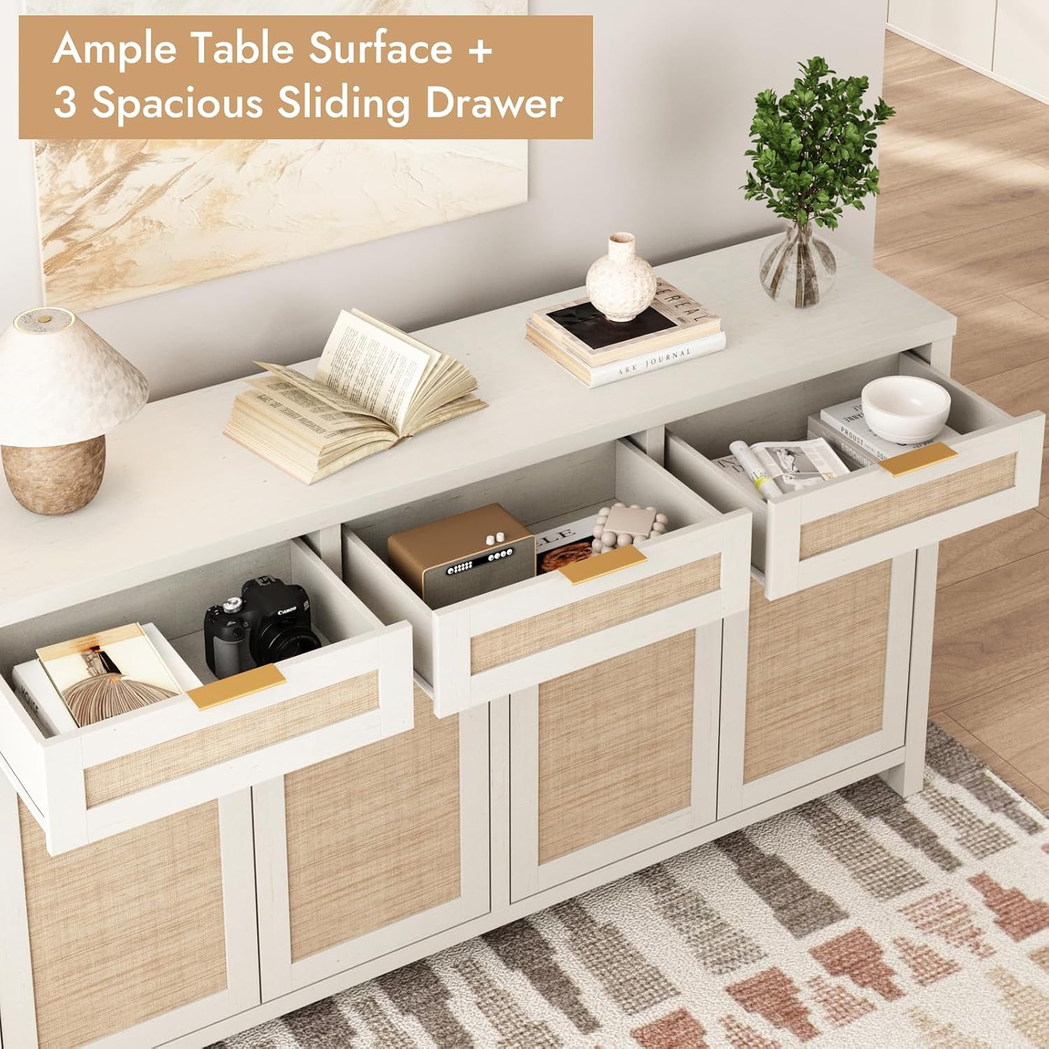 HOKYHOKY Rattan Sideboard Buffet Cabinet, Boho Storage Cabinet with Adjustable Shelves, Farmhouse Credenza Coffee Bar Cabinets with 4 Doors & 3 Drawers for Living Room, Hallway & Kitchen