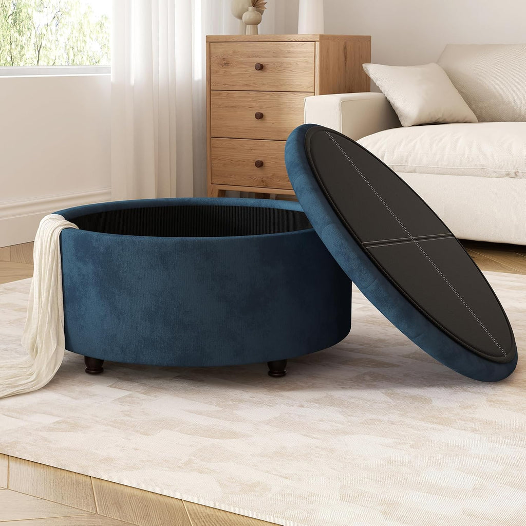 30 Inch Round Storage Ottoman,Modern Blue Tufted Ottomans,Circular Coffee Table with Removable Top,Upholstered Large Ottoman with Storage Footrest Stool for Bedroom Living Room (Blue)