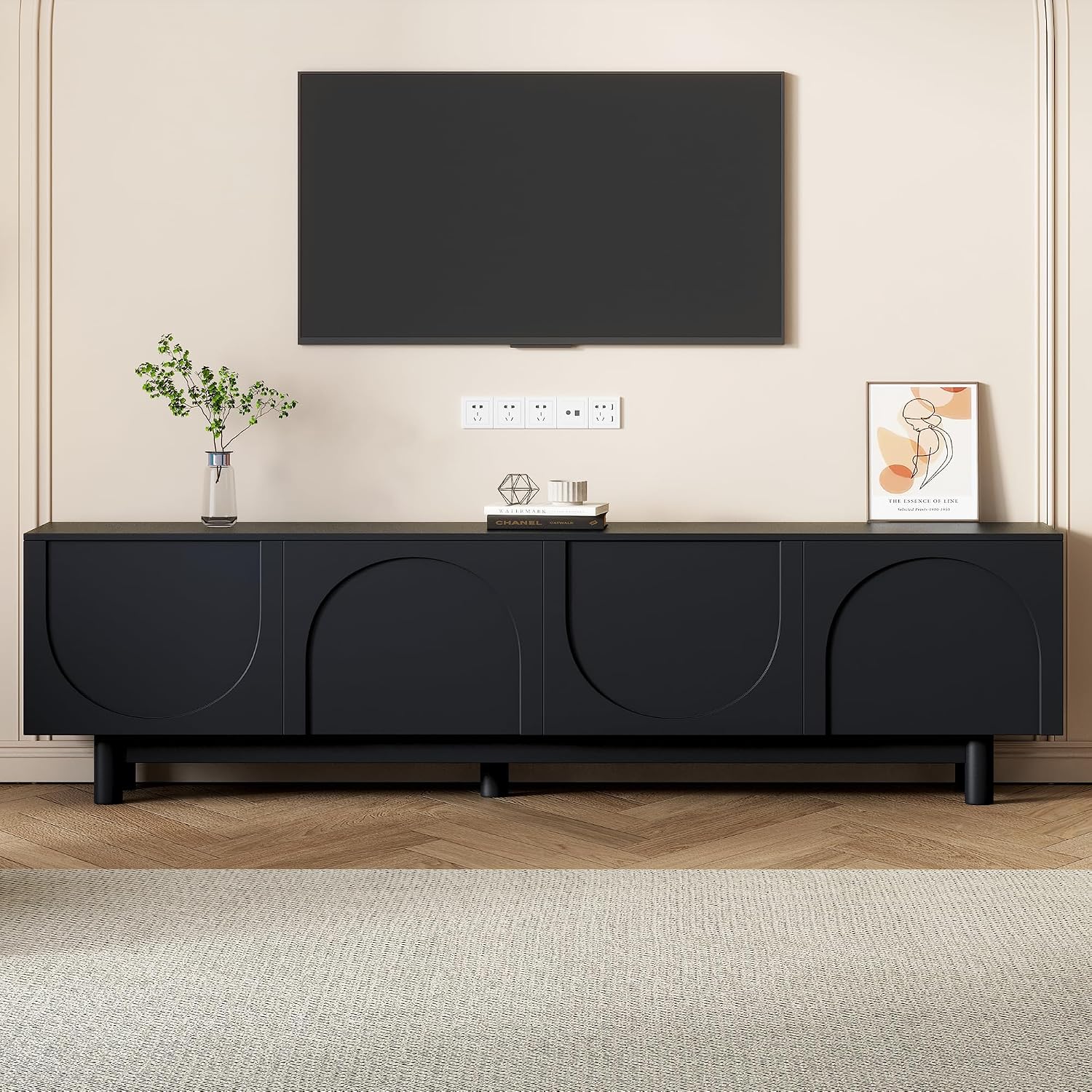 Ball & Cast Modern TV Stand with Arch Cabinets for TVs up to 78', Minimalist Entertainment Center w/Solid Wood Legs and Adjustable Shelves, Media Console for Living Room,Black