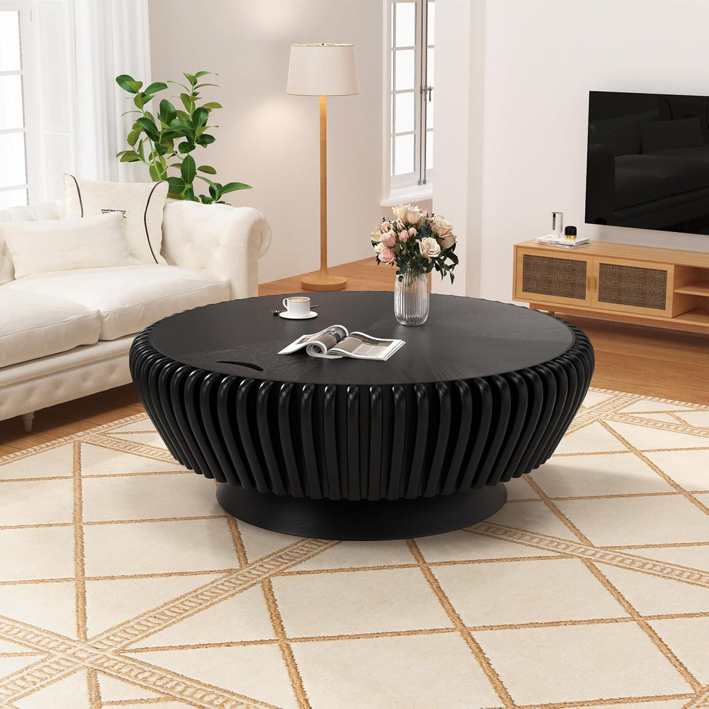 Round Wood Fluted Coffee Table with Storage, 35' Round Fluted Coffee Table with Flip-Top Lid Mid Century Modern Low Circle Drum Coffee Tables for Living Room (Black A, 35')