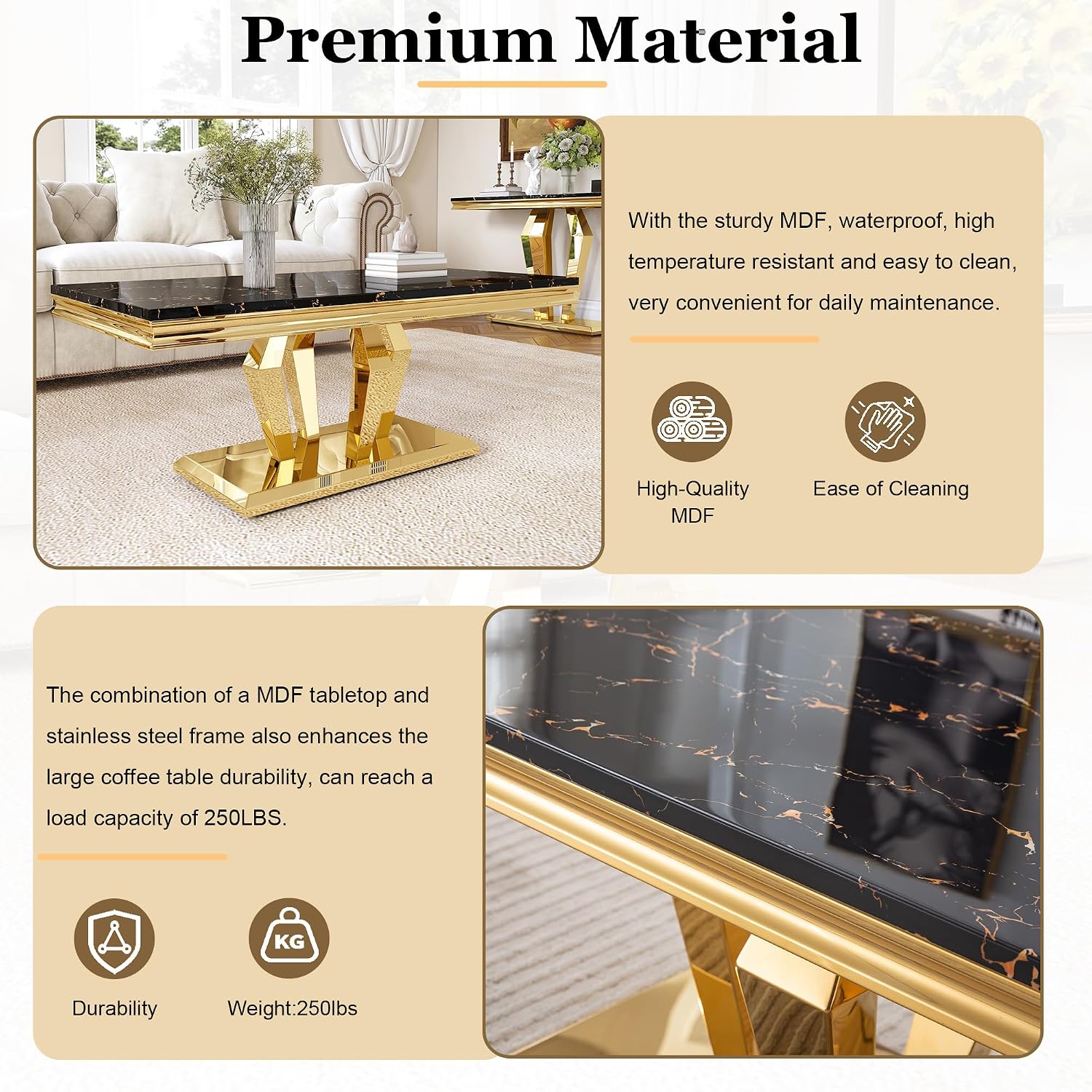 Modern Marble Coffee Table, 47' Living Room Table with Diamond-Shape Stainless Steel Base and Thickened Faux Marble Top for Living Room, Bedroom, Lounge (Gold,Black)