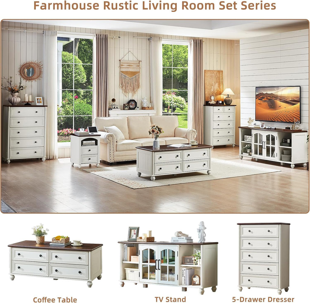 RWYHG Farmhouse Coffee Table & Night Stand Set of 3, Wood 54'' Wide Center Table & 18'' Chest of Drawers, Roman Column 3 Drawers Nightstand Set of 2, Living Room Furniture Coffee Tables Suites White