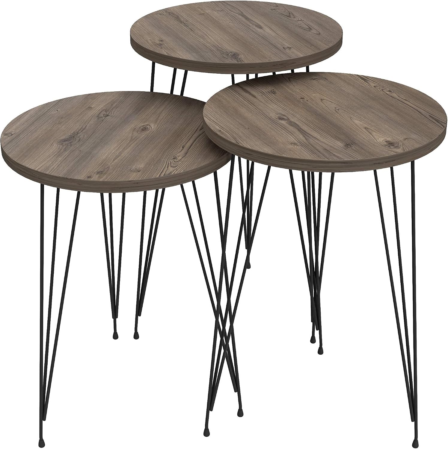 Set of 3 Pine Wood Grey Nesting End Tables Round Wood Stacking Coffee Side Accent Table with Metal Legs for Living Room, Home Office, Nightstands for Bedroom