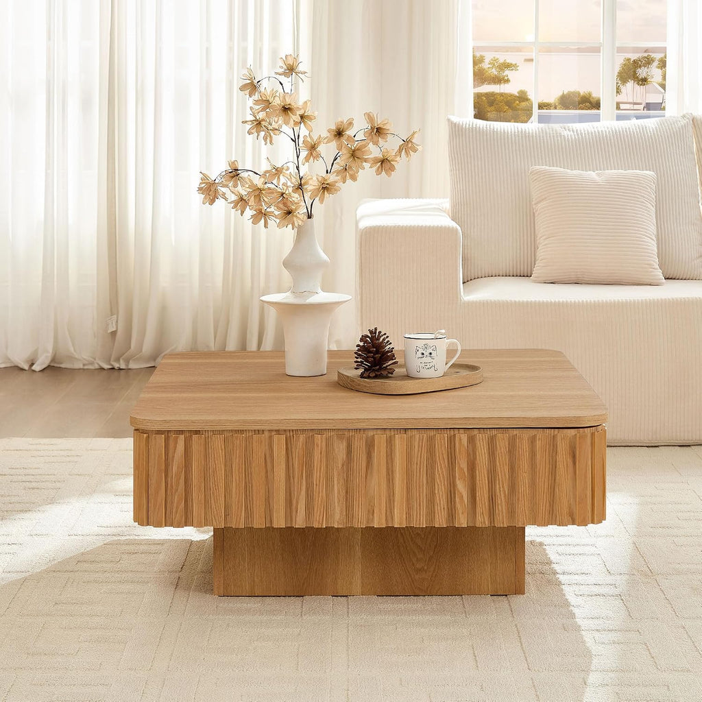 WILLIAMSPACE 35.43' Lift Top Coffee Table with Hidden Storage & Sturdy Base, Modern Luxury Square Wood Handcraft Drum Center Table Accent End Tea Table for Living Room, Minimalist Fluted Design, Oak