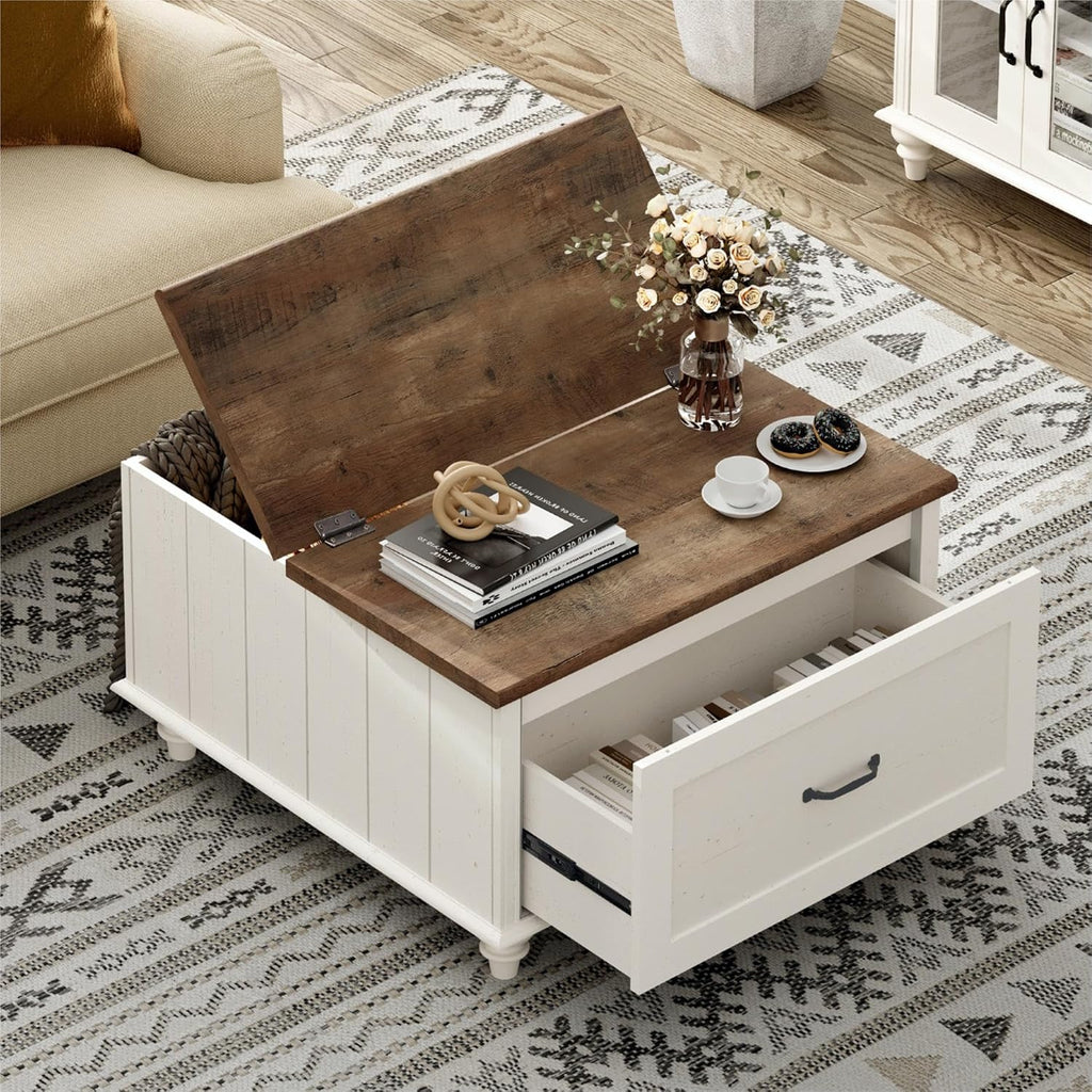 WAMPAT 3 Pieces Living Room Table Set, Set of 2 Nightstands Side Tables with Charging Station, One Square Coffee Table with Lift Top & Cabinet, White