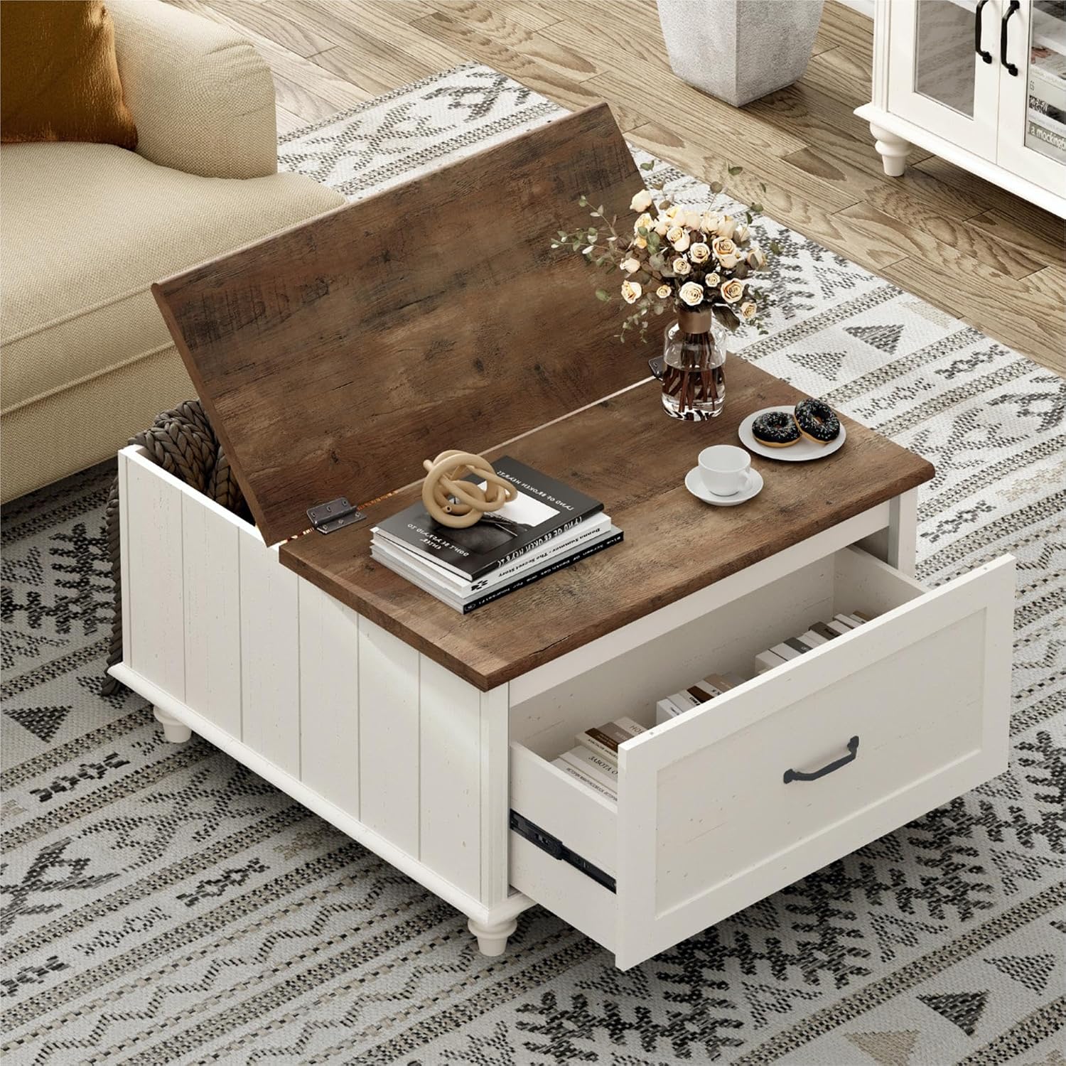 WAMPAT 3 Pieces Living Room Table Set, Set of 2 Nightstands Side Tables with Charging Station, One Square Coffee Table with Lift Top & Cabinet, White