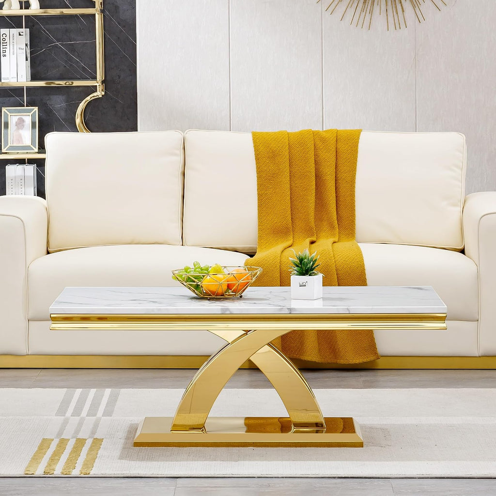 Faux Marble Coffee Table Set Living Room Table Set, Modern Rectangular Coffee Table 2 End Table with Faux Marble Top X Shape Stainless Steel Base for Home Office