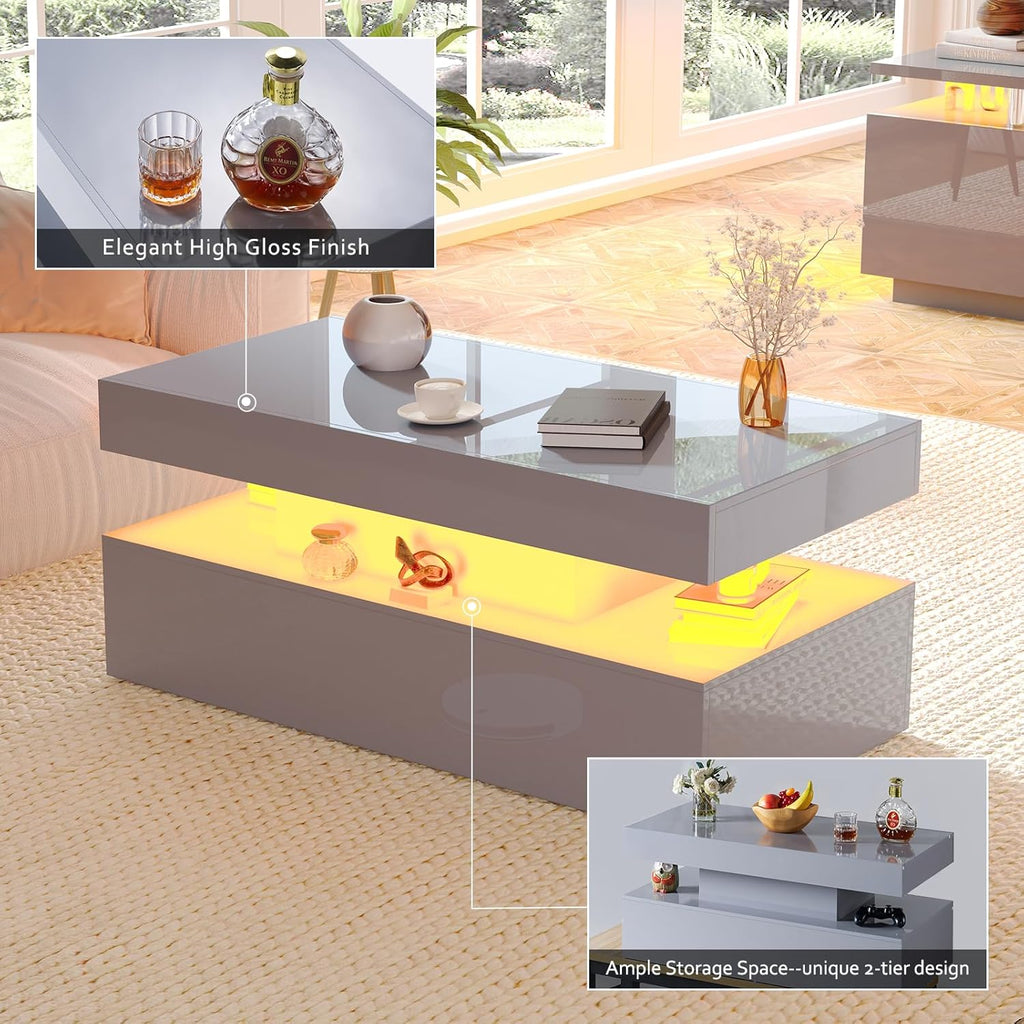AMERLIFE 3 Piece Modern Living Room Table Set, Includes 80' High Gloss Fireplace TV Stand, 2-Tier Coffee Table, LED Lights Entertainment Center Set for Living Room, Grey