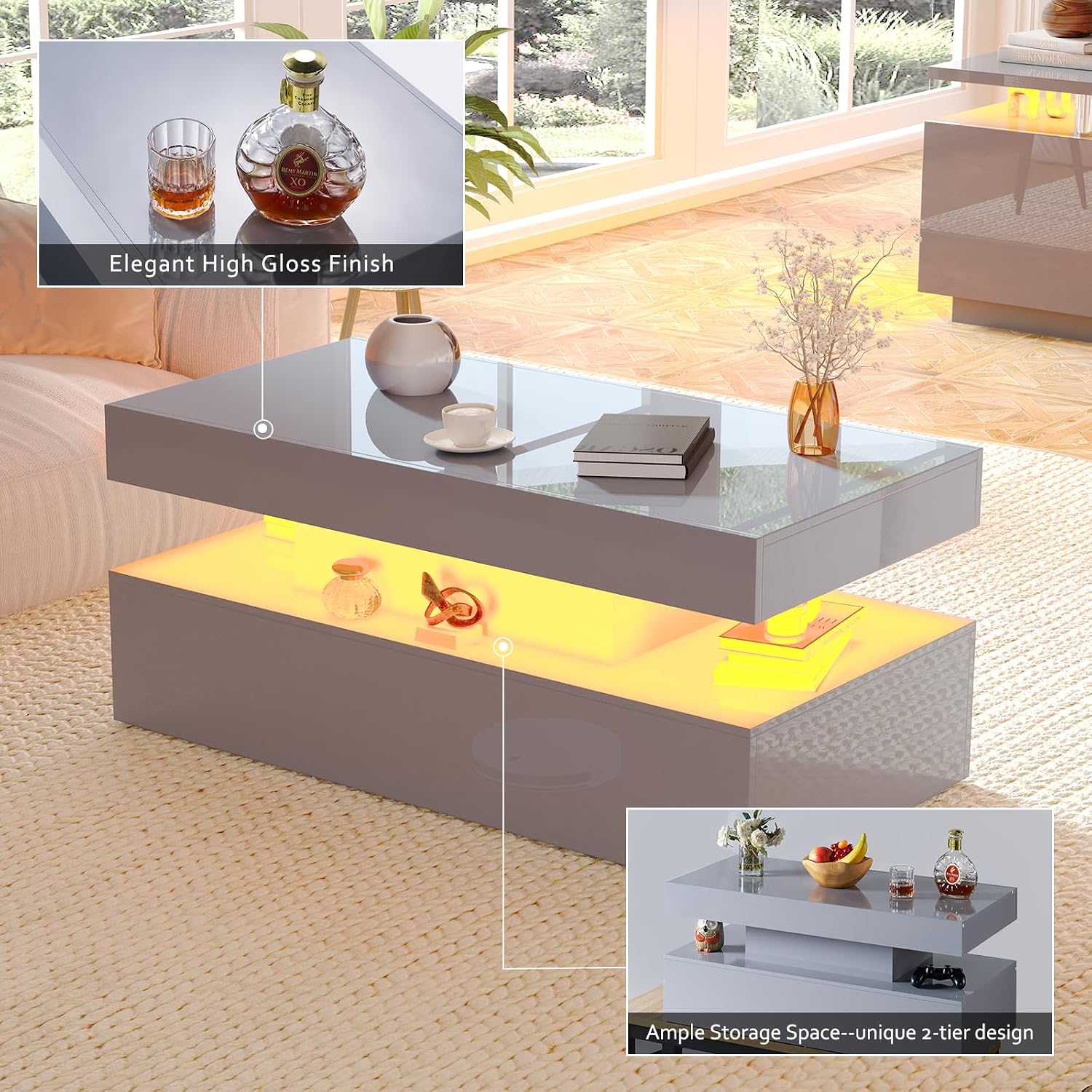 AMERLIFE 3 Piece Modern Living Room Table Set, Includes 70' High Gloss Fireplace TV Stand, 2-Tier Coffee Table, LED Lights Entertainment Center Set for Living Room, Grey