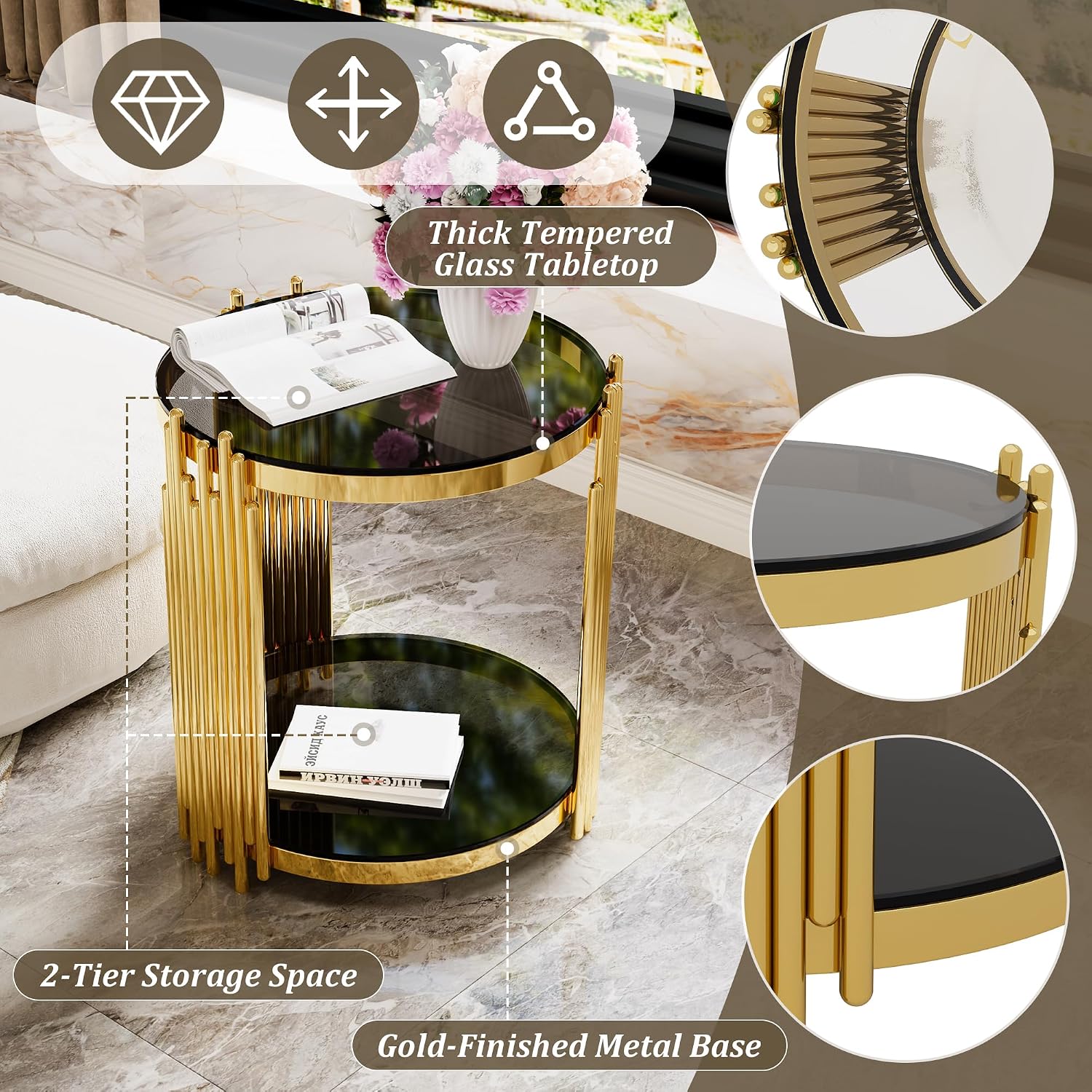 19.8'' Tempered Glass Side Tabel Round End for Living Room, 2-Tier Modern Accent Circle Design, Black Mirror Tabletop & Metal Drum Base, Easy Assembly, Black & Gold
