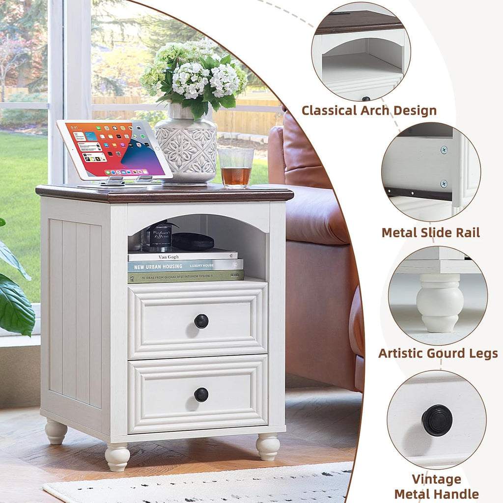 RWYHG Farmhouse Coffee Table and Night Stand Set of 3,Wood 48' Center Table and 18'' Wide Nightstand with Charging Station,Coffee and End Tables 3-Piece Set for Home Living Room Hallway,White