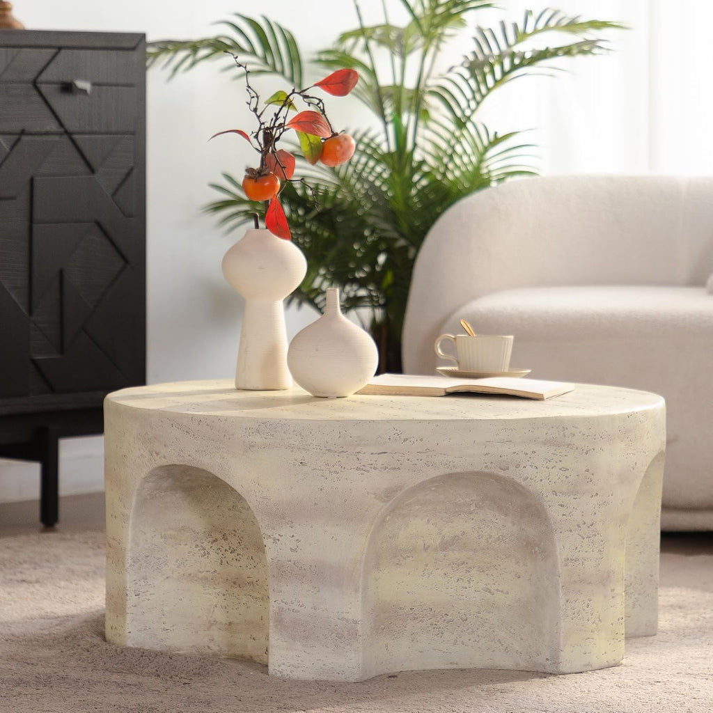 Modern Accent Coffee Table with Unique Arched Cutout Base, Minimalist Round Center Table for Living Room, Bedroom, Home Decor, No Assembly Required, Amber