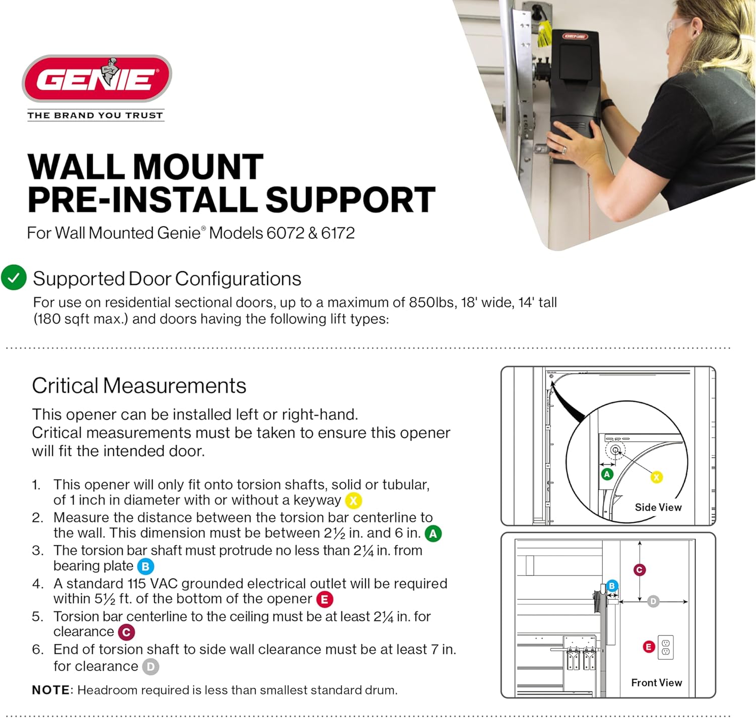Genie 6072H-O Residential Wall Mounted Garage Door Opener, Black