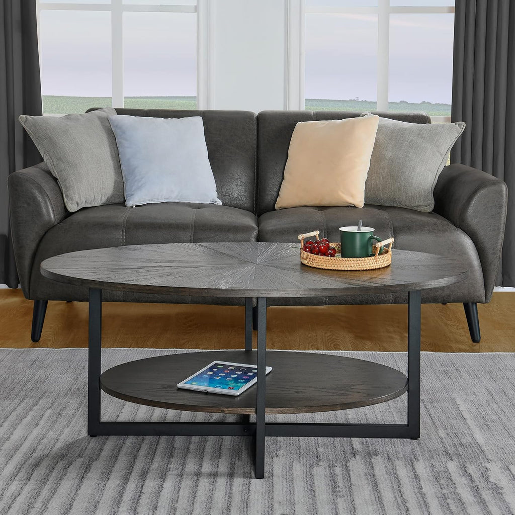 Solid Wood Oval Coffee Table with Cross Metal Legs, 43.3in Modern Industrail Center Table with Open Shelf Cocktail Tea Table for Living Room Bedroom, Black Brown 1811BK