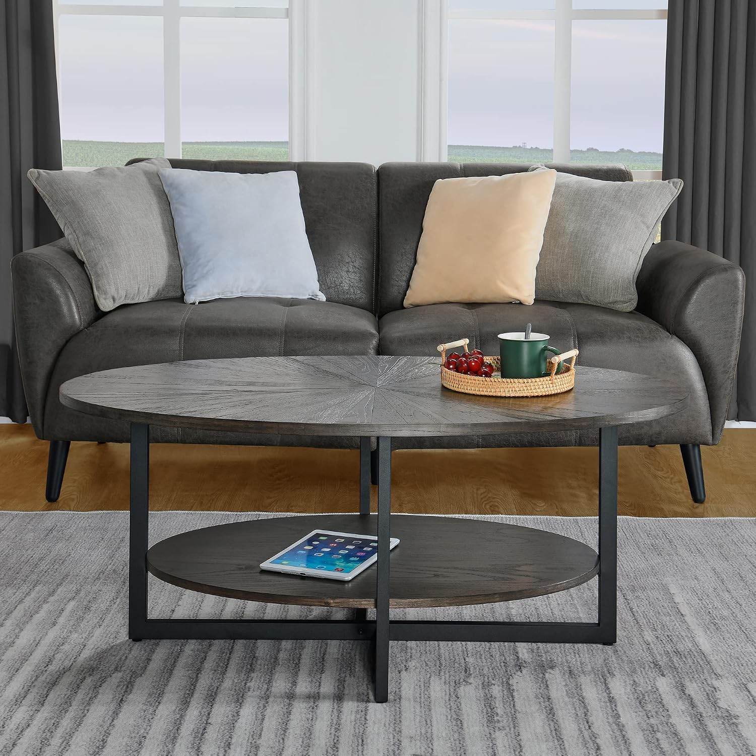 Solid Wood Oval Coffee Table with Cross Metal Legs, 43.3in Modern Industrail Center Table with Open Shelf Cocktail Tea Table for Living Room Bedroom, Black Brown 1811BK
