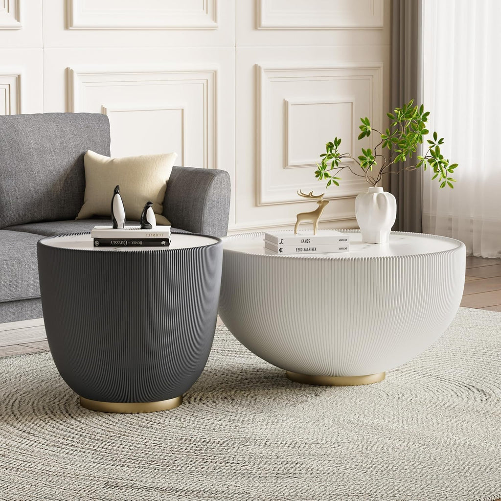 Round Coffee Table Set of 2, Sintered Stone White Coffee Table with Grey End Table, Nesting Tables for Living Room, Accent Side Table for Apartment Home Office, No Need Assembly