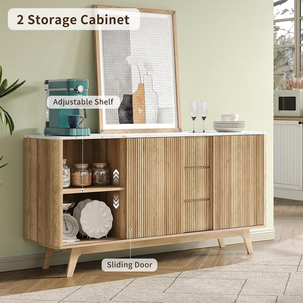 Yanosaku 62' W Fluted Buffet Cabinet with Sliding Doors, Modern Sideboard Storage Cabinet with Power Outlet & 3 Drawers, Mid-Century Coffee Bar Table for Living Room, Dinning Room, Natural