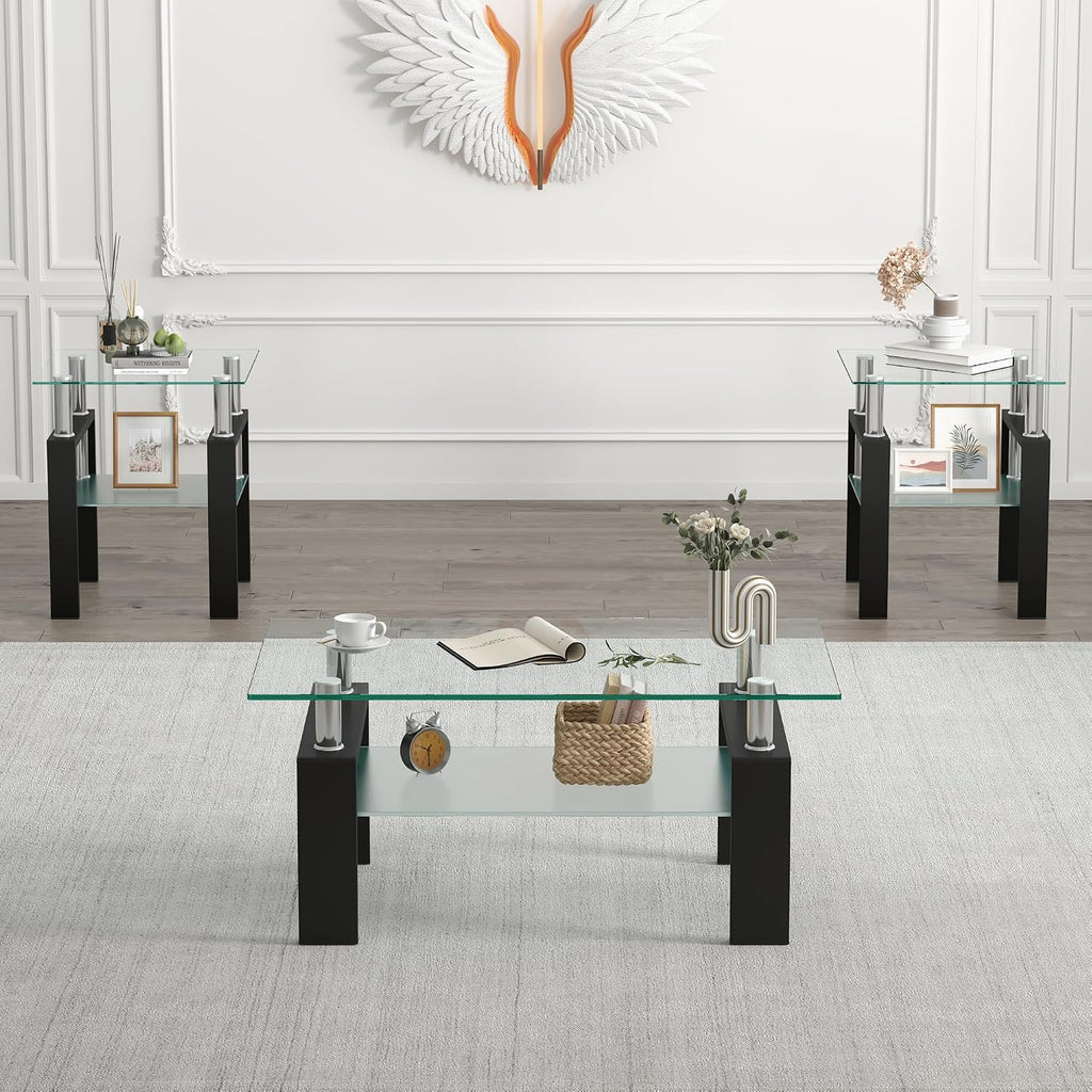 Glass Coffee Table Set of 3, 3-Piece Living Room Tables with Tempered Glass and Metal Frame, Coffee and End Table Sets, Clear