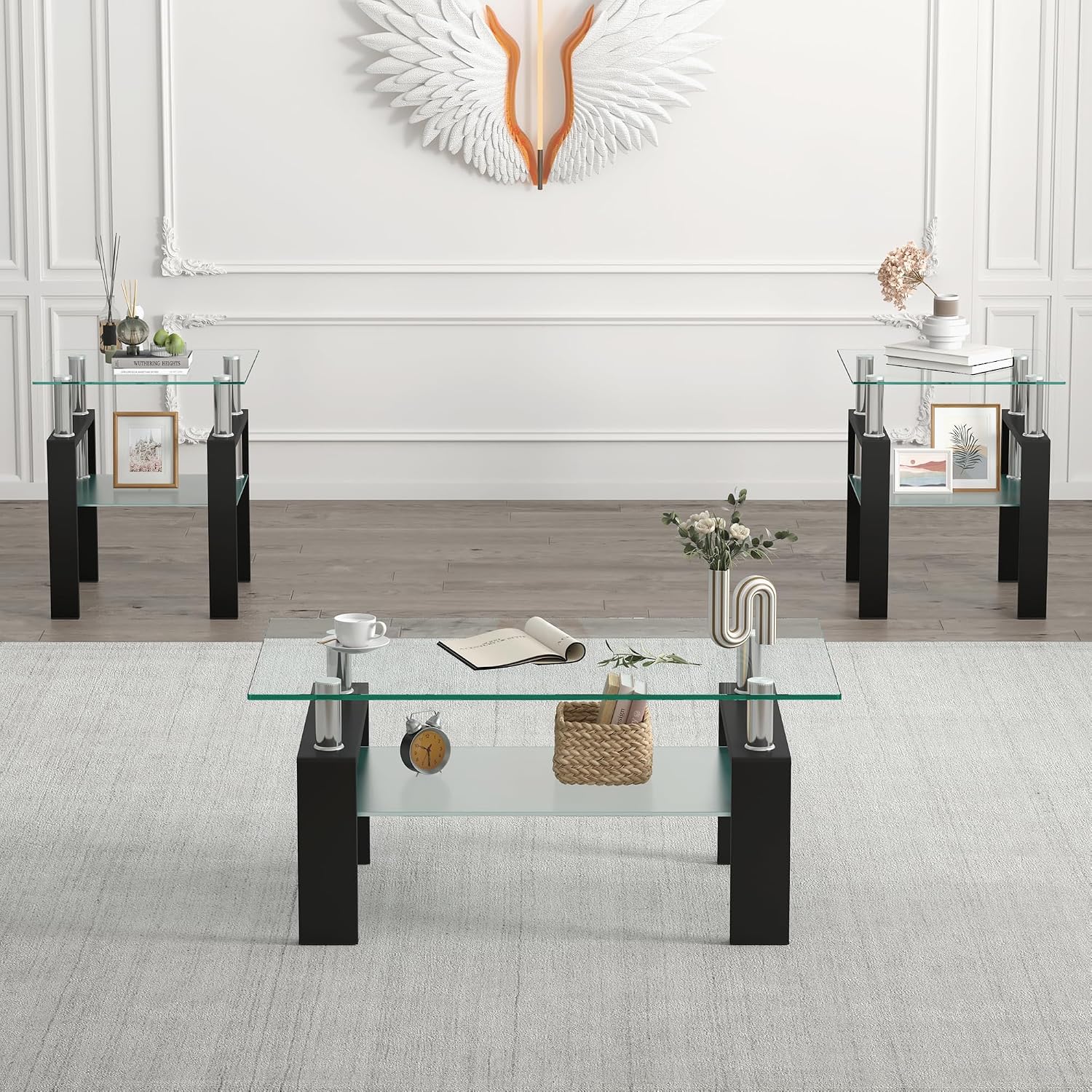 Glass Coffee Table Set of 3, 3-Piece Living Room Tables with Tempered Glass and Metal Frame, Coffee and End Table Sets, Clear