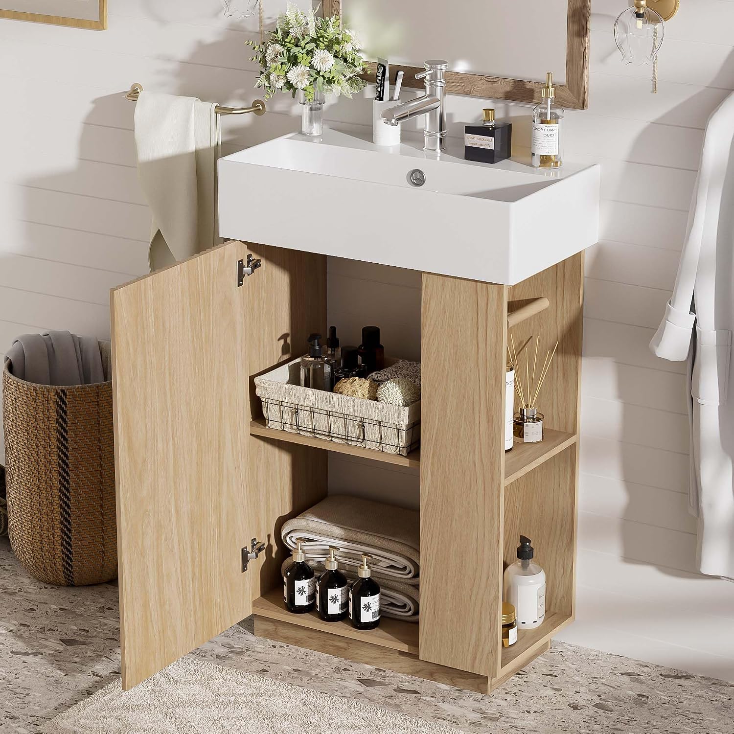 21.6' Modern Bathroom Vanity with Ceramic Sink - Freestanding Wood Grain Cabinet (MDF) with Left Door, Perfect Open/Closed Storage for Small Bathrooms!