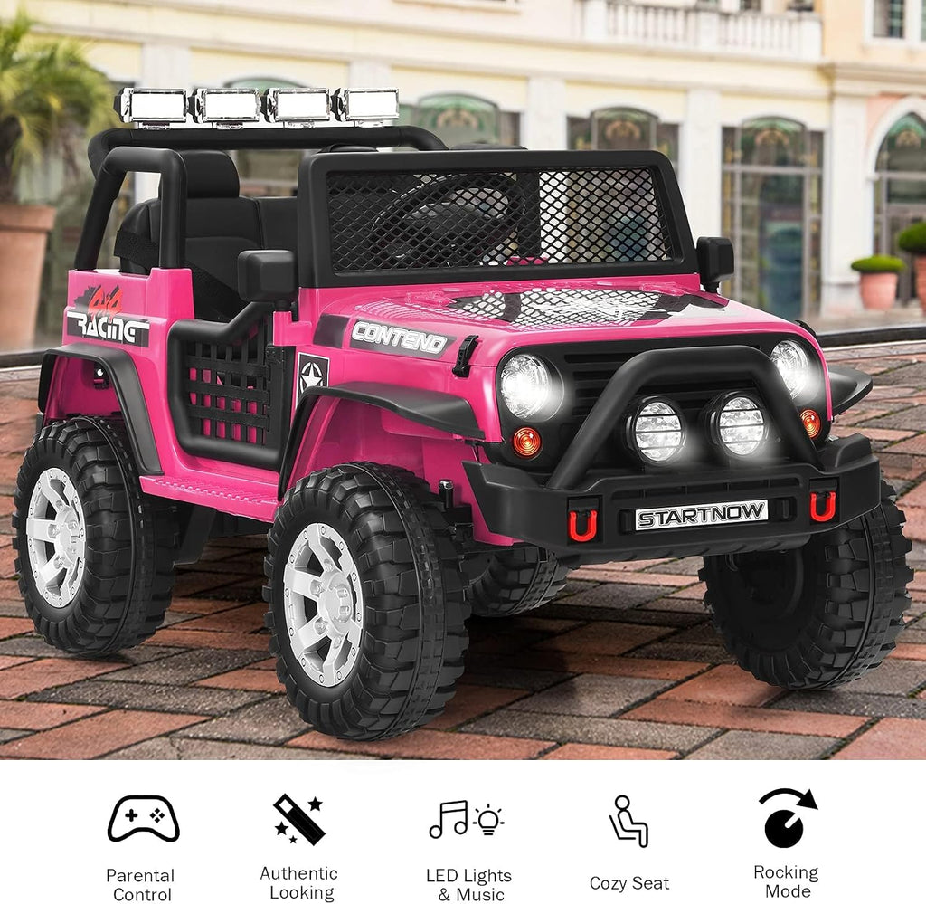 Costzon 2-Seater Ride on Truck, 12V Battery Powered Electric Vehicle w/Remote Control, 2 Speeds, Spring Suspension, LED Light, Horn, Music/ MP3, 2 Doors Open, Ride on Car for Kids (Pink)