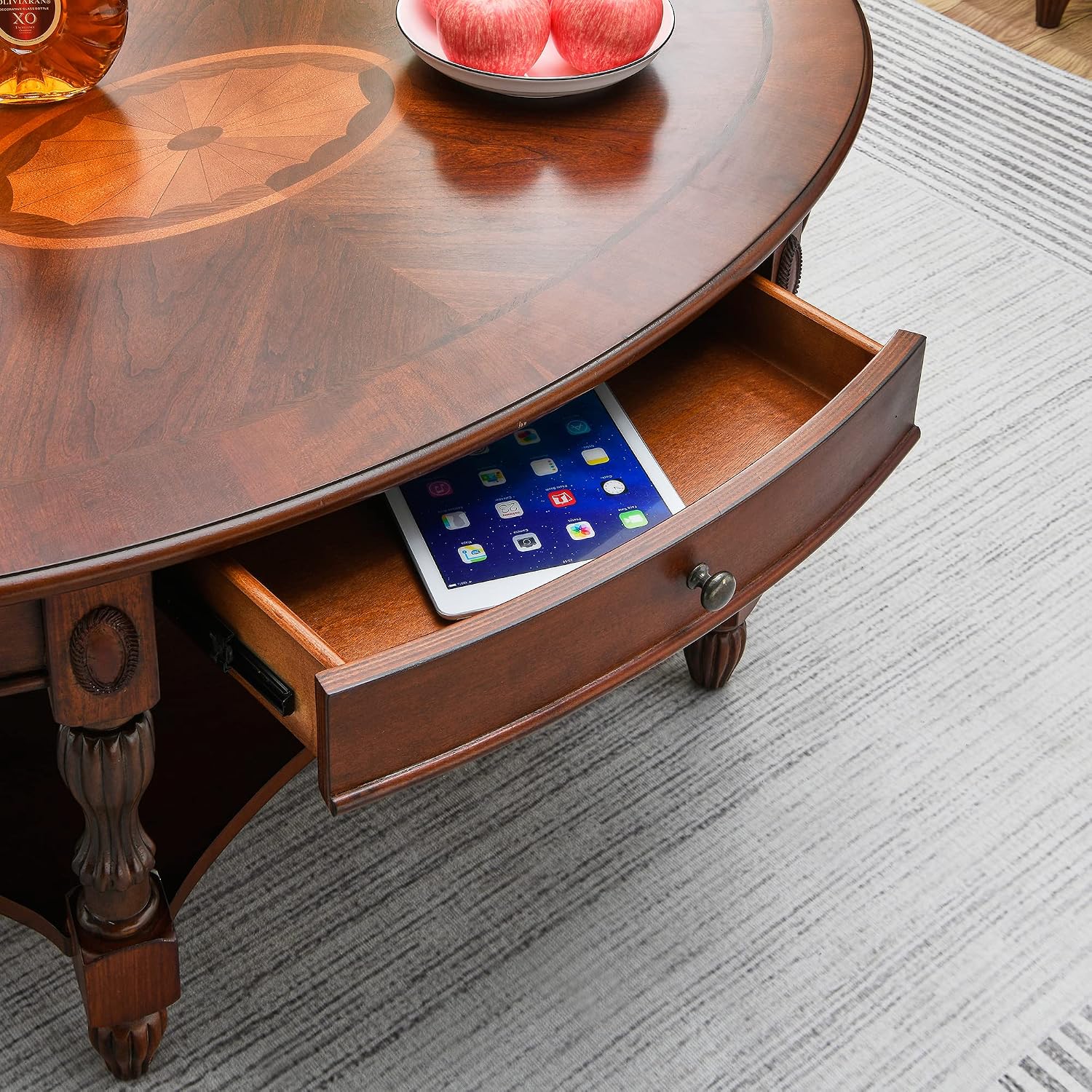 Solid Wood Coffee Table with Drawer and Storage Shelf, Traditional Living Room Cocktail Tea, Oval Center Carvings Side Vintage 46''Lx 29''Wx18.2''H Cherry Walnut KFZ1533WD-DR