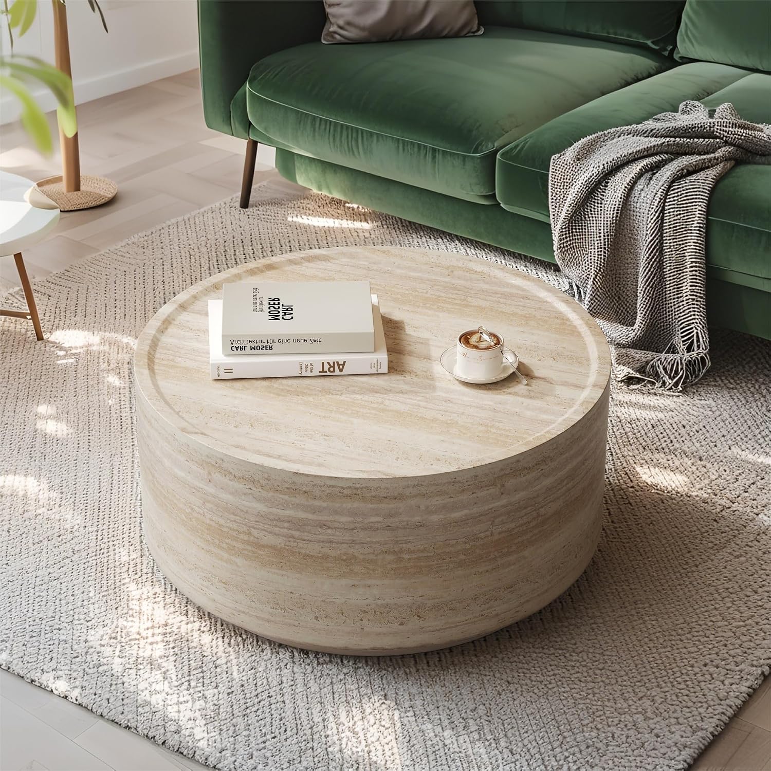 LUMISOL 27.5' Round Coffee Table, Faux Marble Center Table with Drum Design, Contemporary Side Table with Durable Construction for Living Room, Office, Apartment, No Assembly Required, Beige
