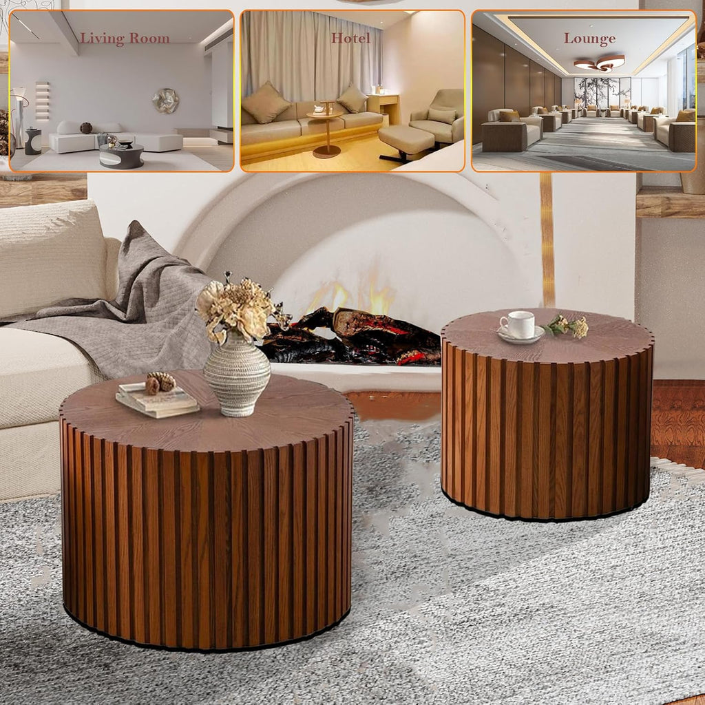 Handcraft Round Nesting Coffee Table - Chic Wave Stripe Edge, Modern Stylish Walnut Wooden Circle Fluted Center Table for Living Room (18.9IN+15IN)